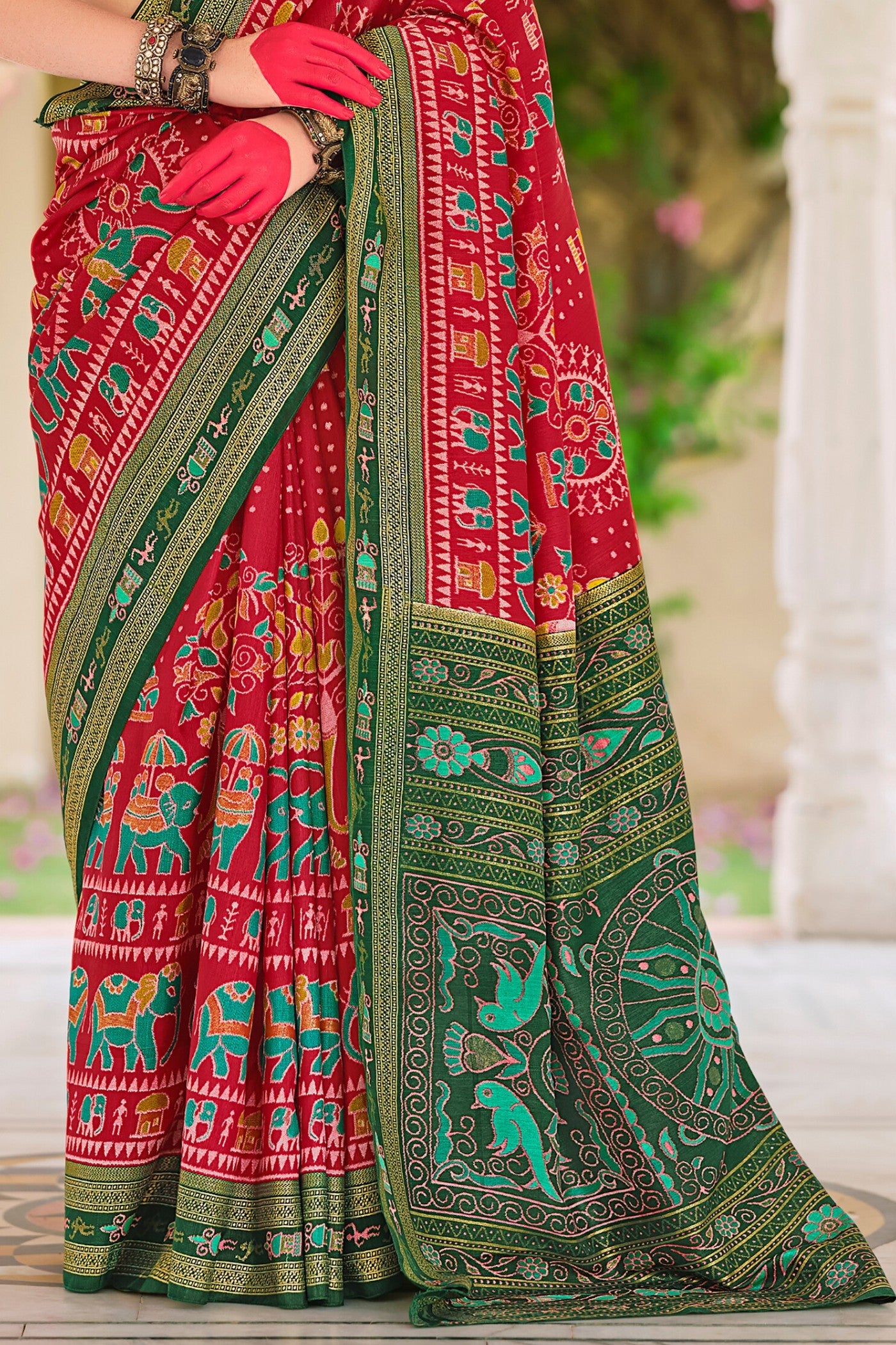 Chilly Red and Green Printed Patola Saree