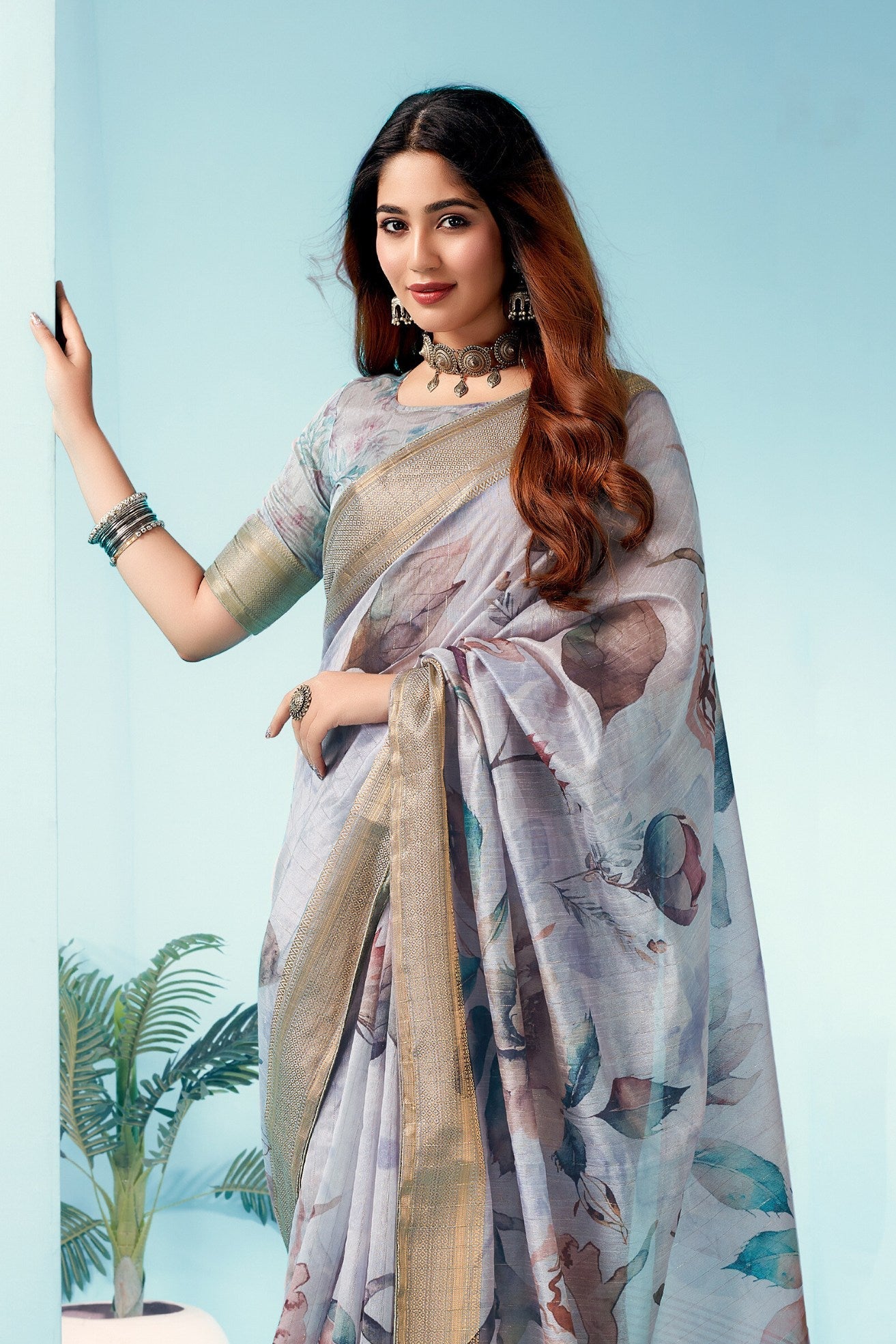 Gull Grey Floral Linen Saree