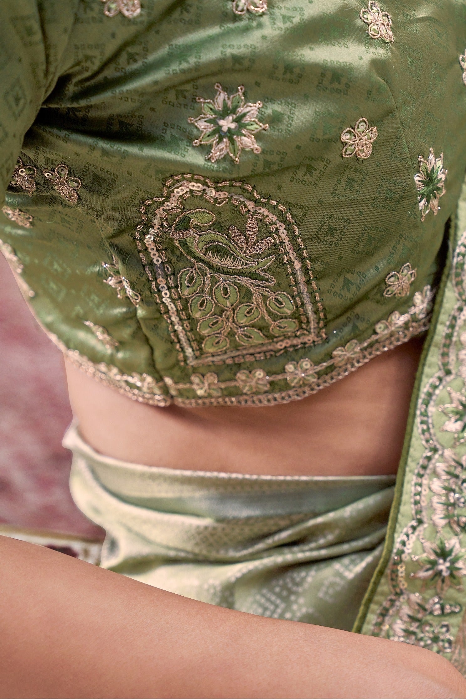 Pastel Green Embroidered Satin Silk Saree