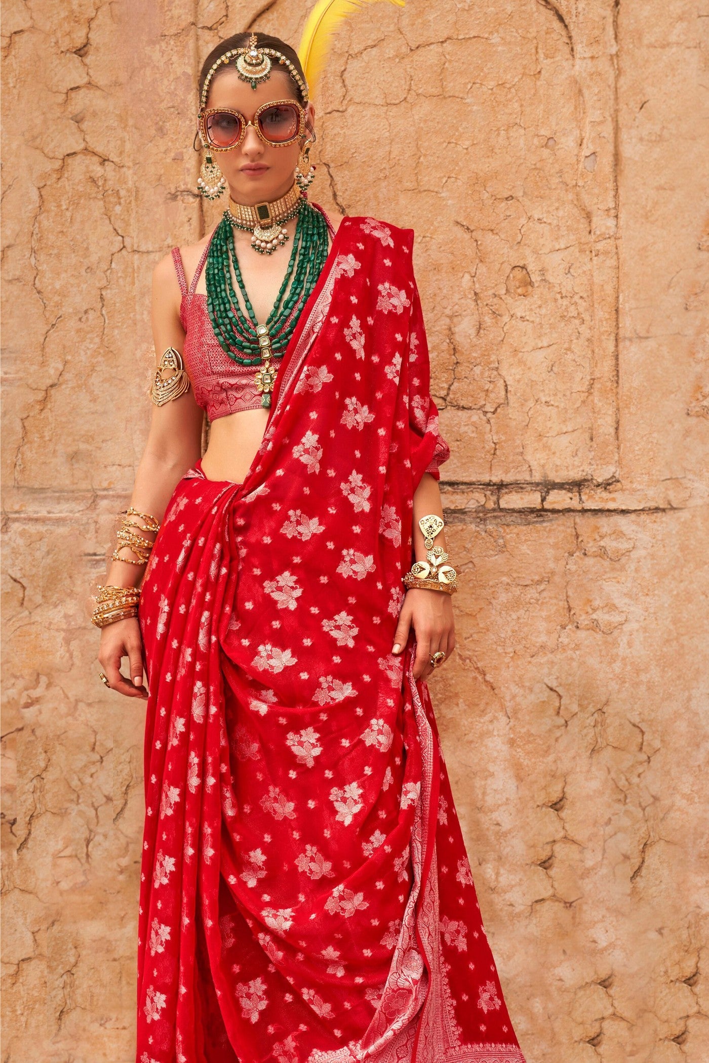 Thunderbird Red Zari Woven Georgette Saree