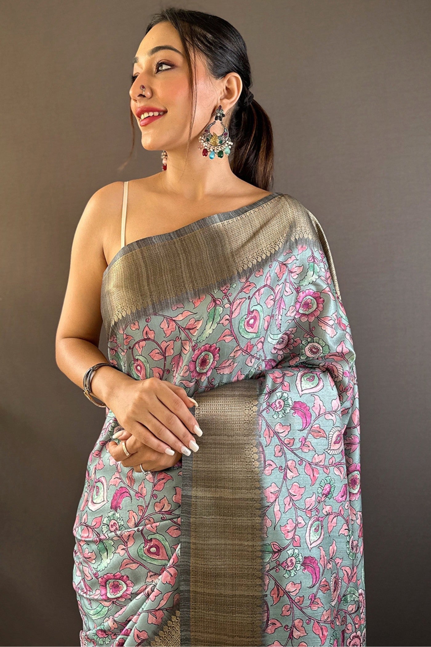 Stone Grey Printed Tussar Silk Saree