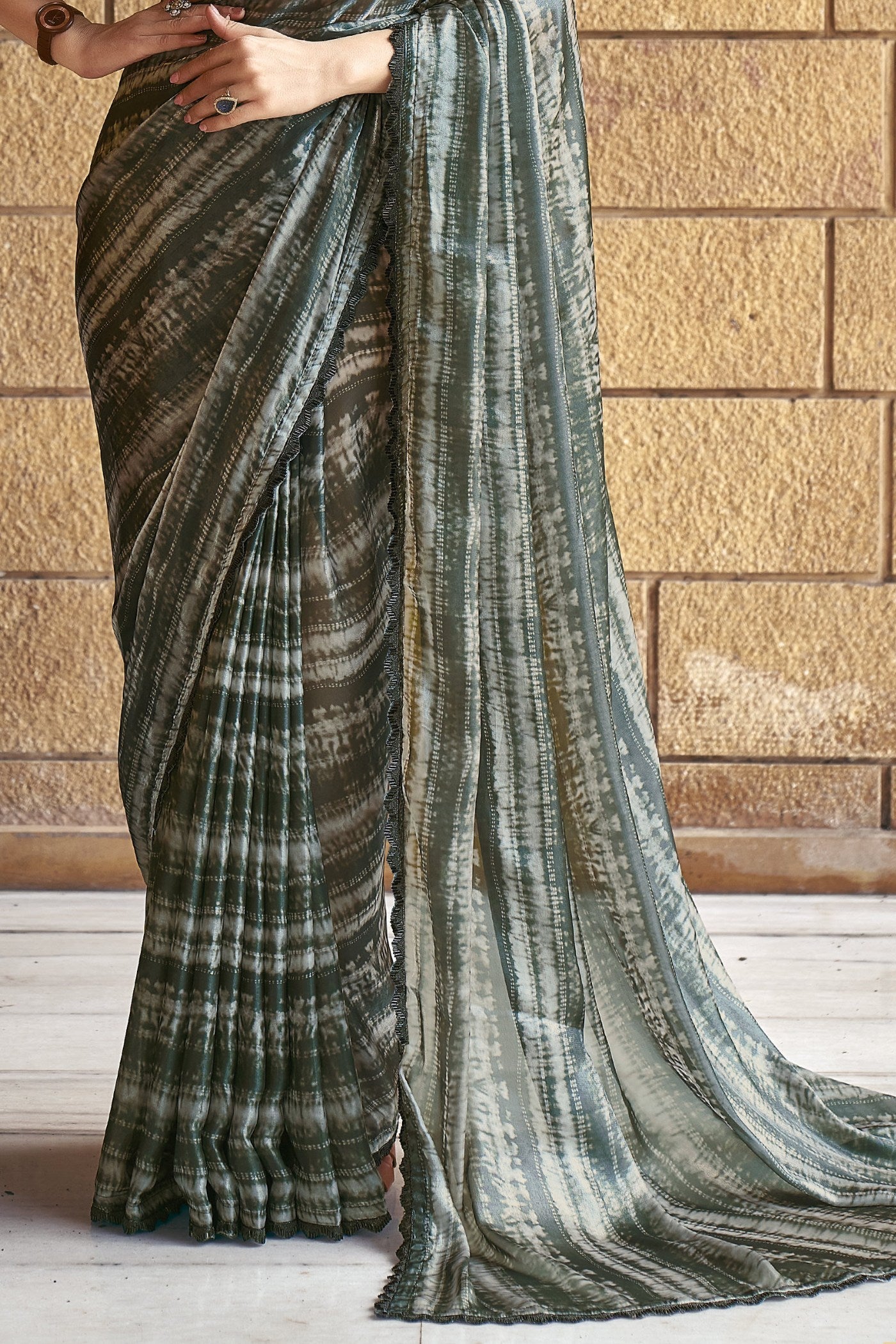 Siam Green Satin Printed Silk Saree