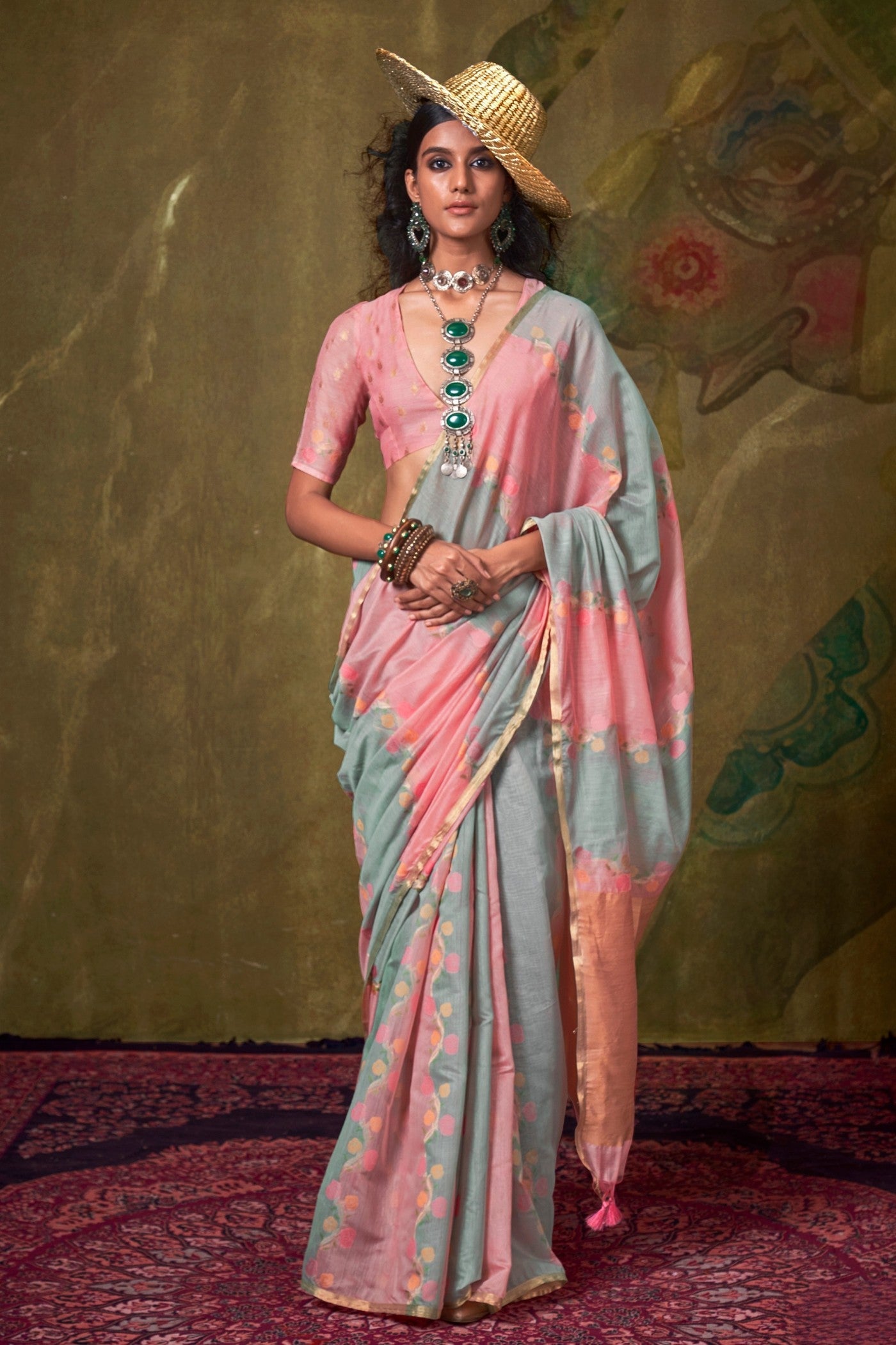 Wewak Pink and Grey Banarasi Handloom Saree