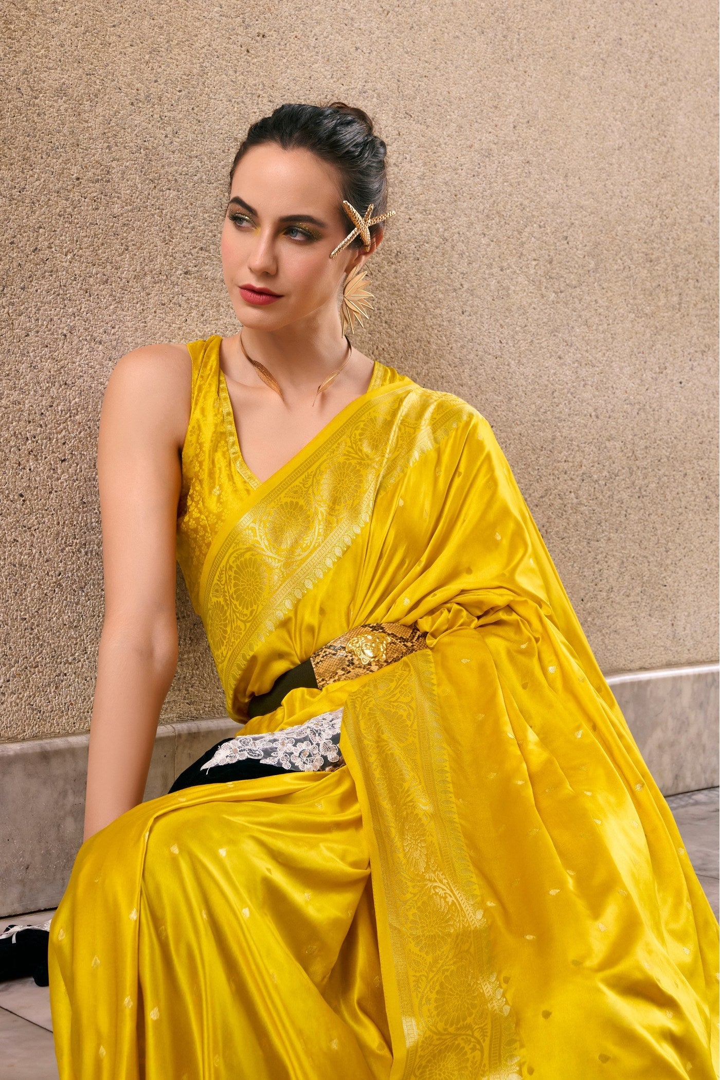 Tulip Yellow Handloom Satin Silk Saree