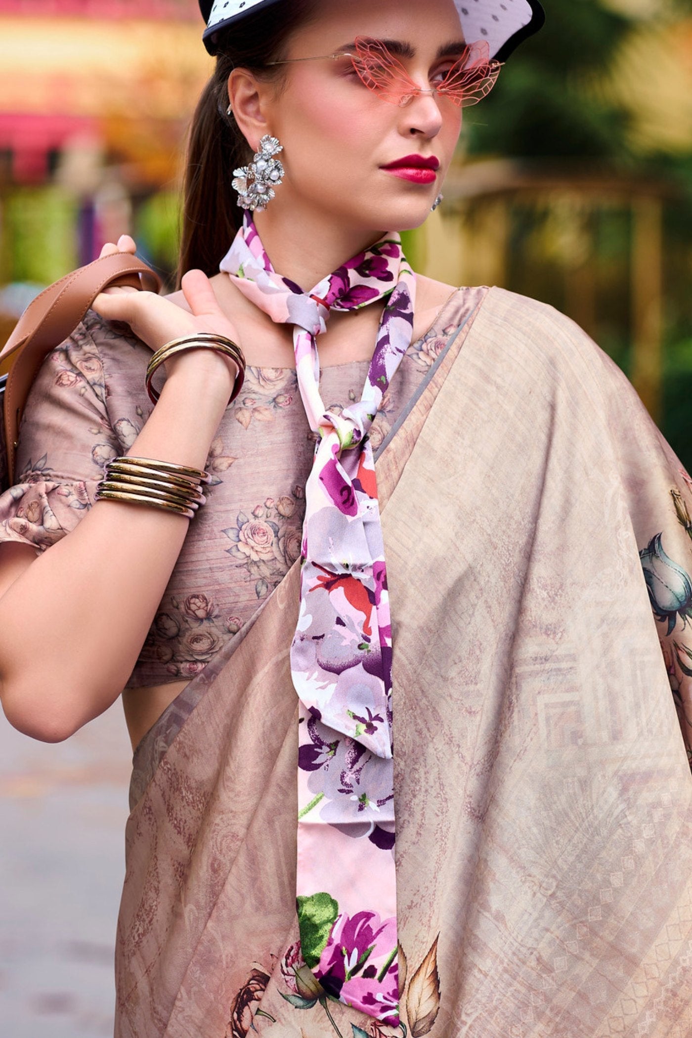 Quicksand Brown Printed Satin Crepe Silk Saree