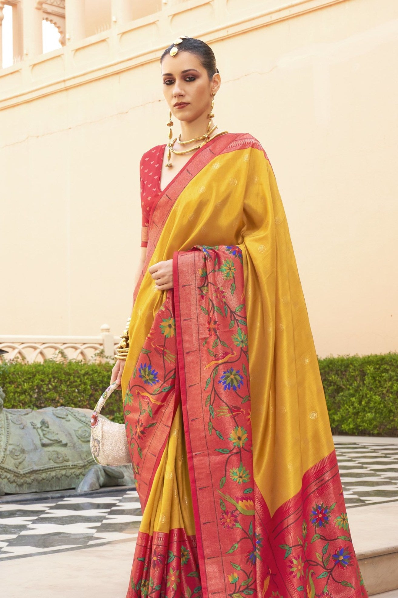 Mustterd Yellow and Red Woven Paithani Designer Saree