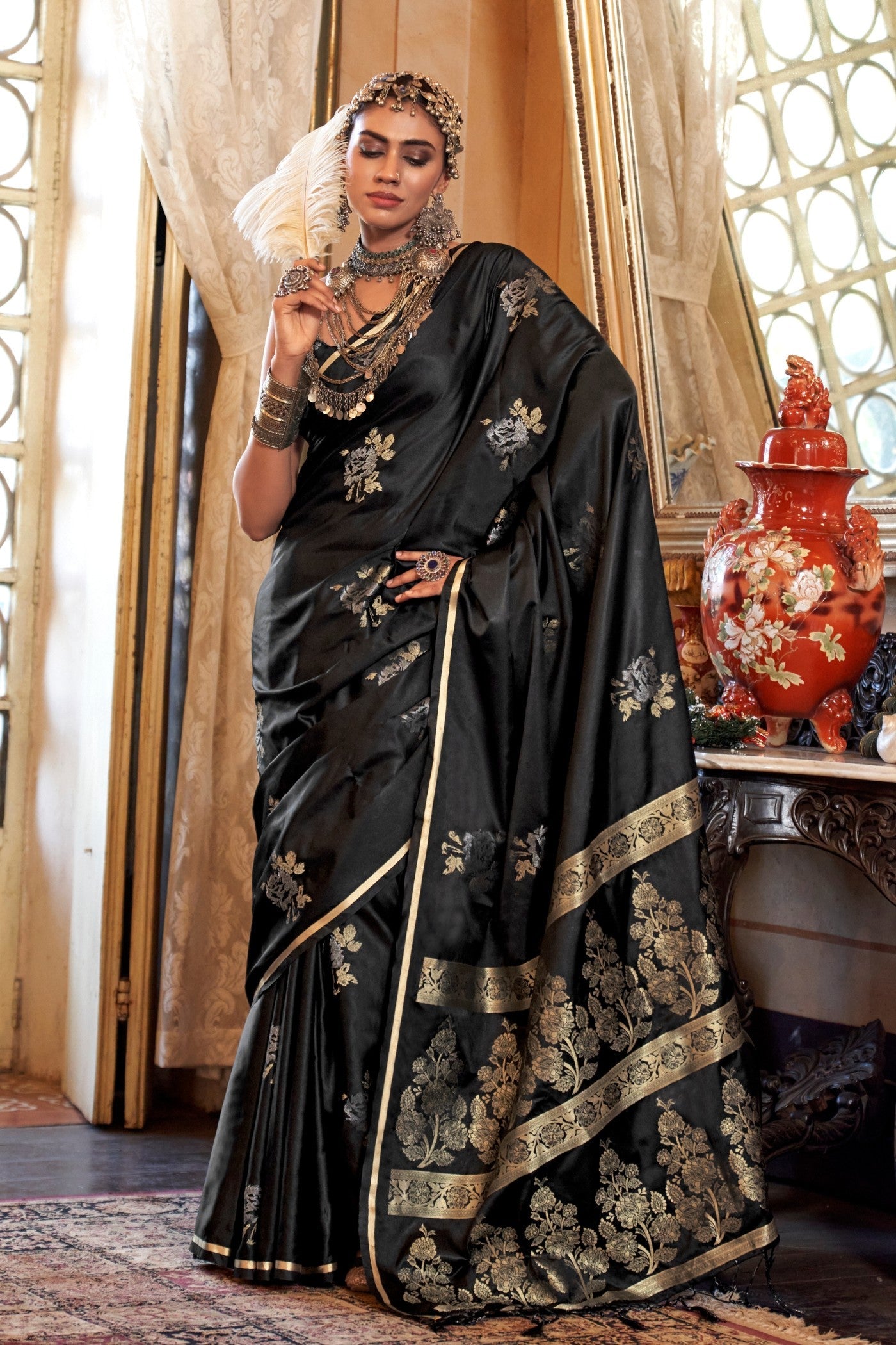 Grease Black Banarasi Satin Saree