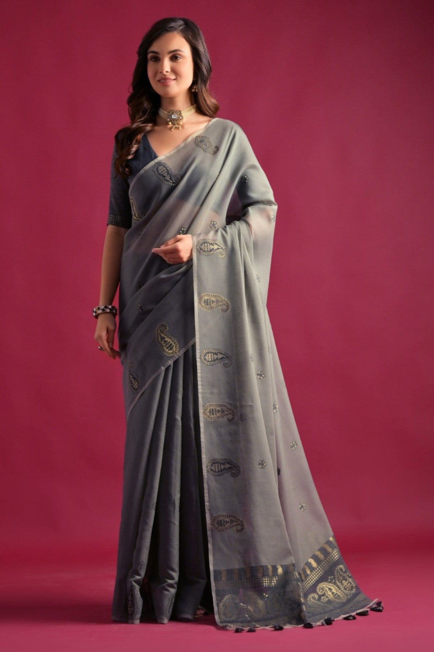 Cloudy Grey Woven Mul Cotton Saree