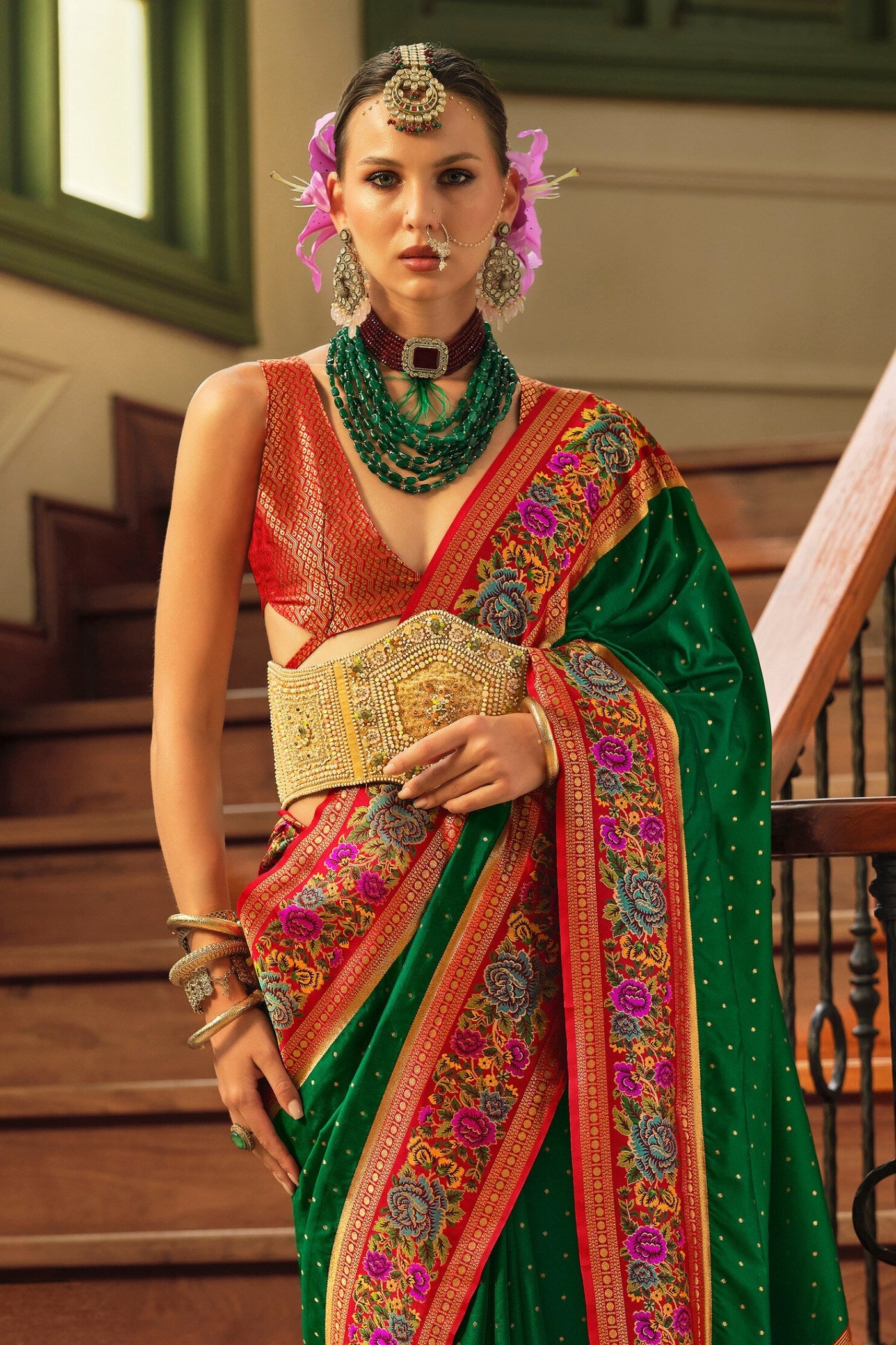 Bottle Green Printed Banarasi Saree