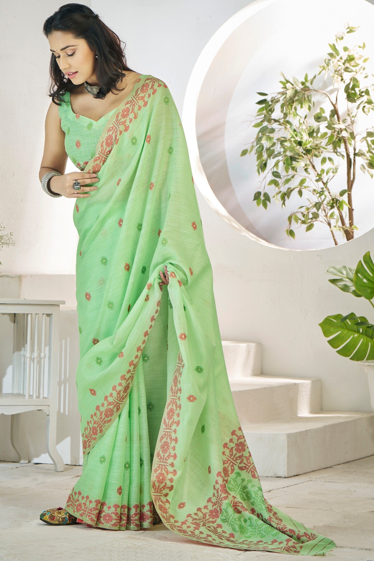 Feijoa Green Woven Linen Saree