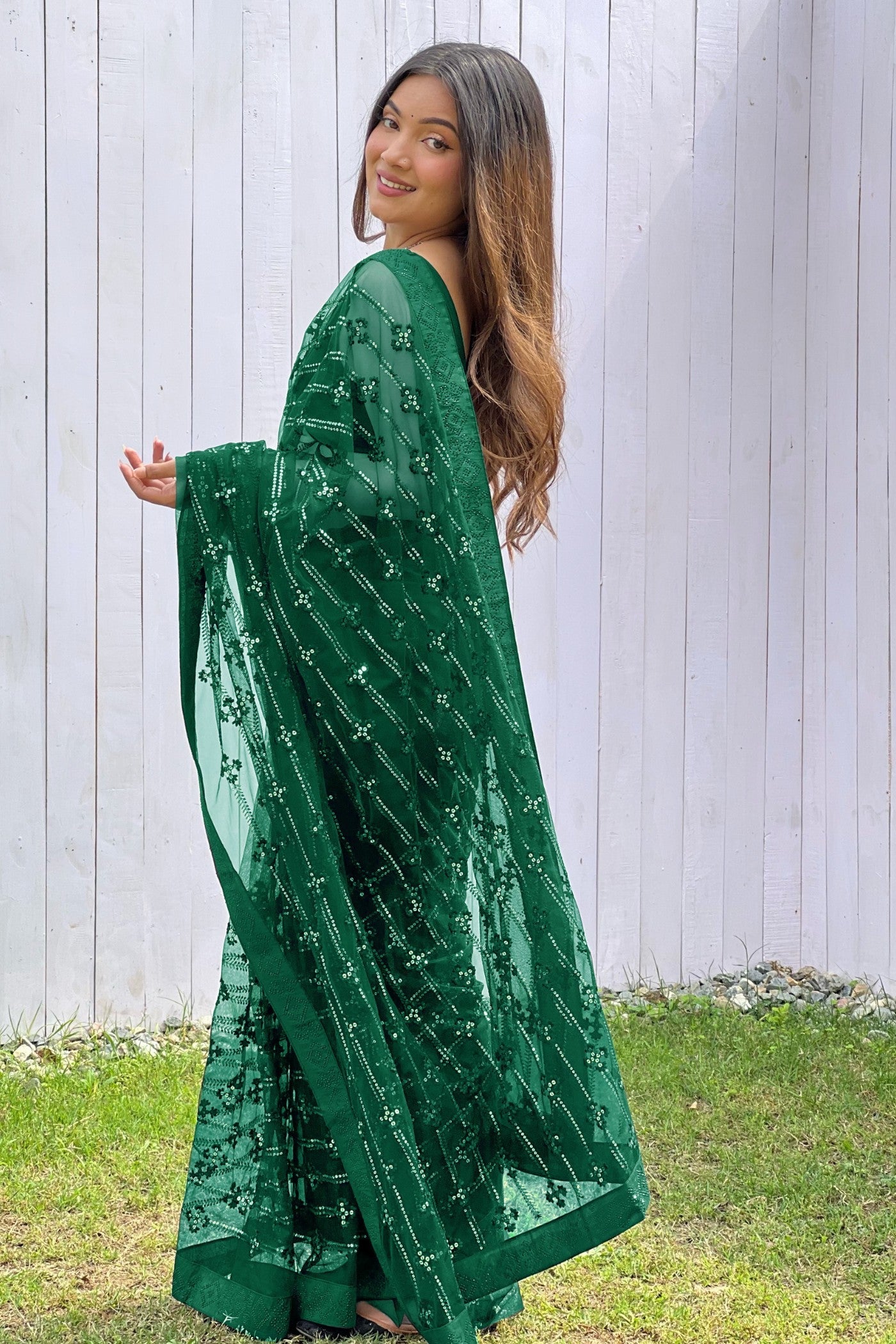 Dark Jugle Green Embroidered Partywear Saree