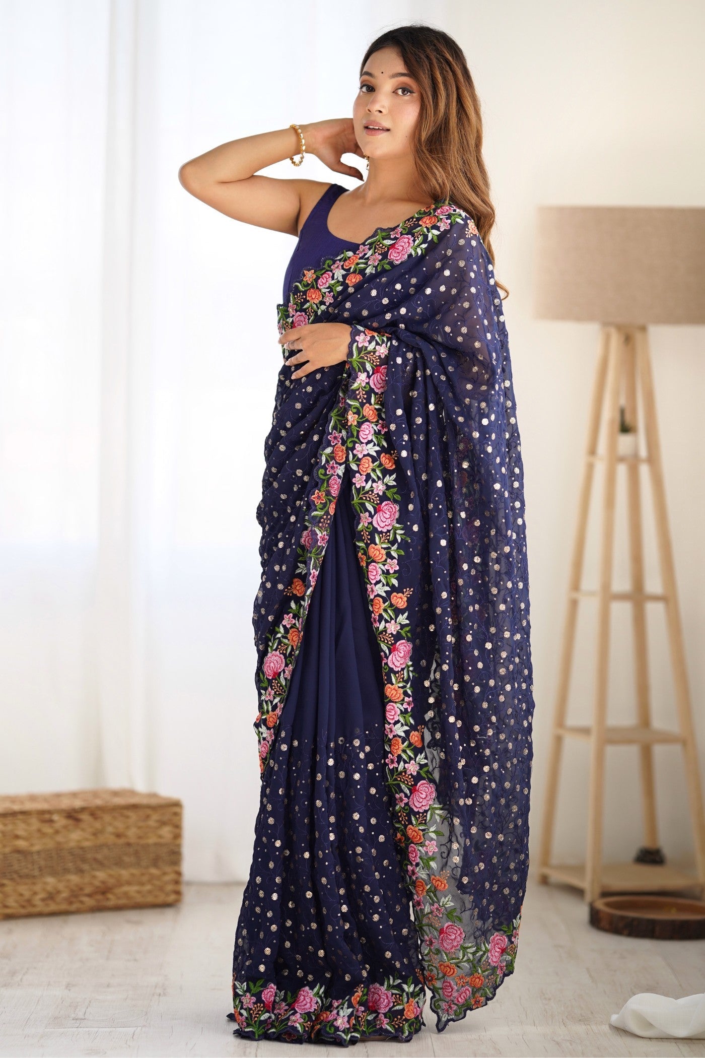 Navy Blue Embroidered Georgette Saree