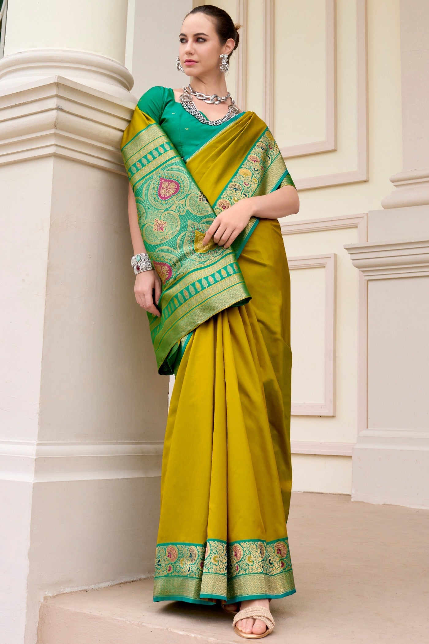 Galliano Green Woven Banarasi Soft Silk Saree