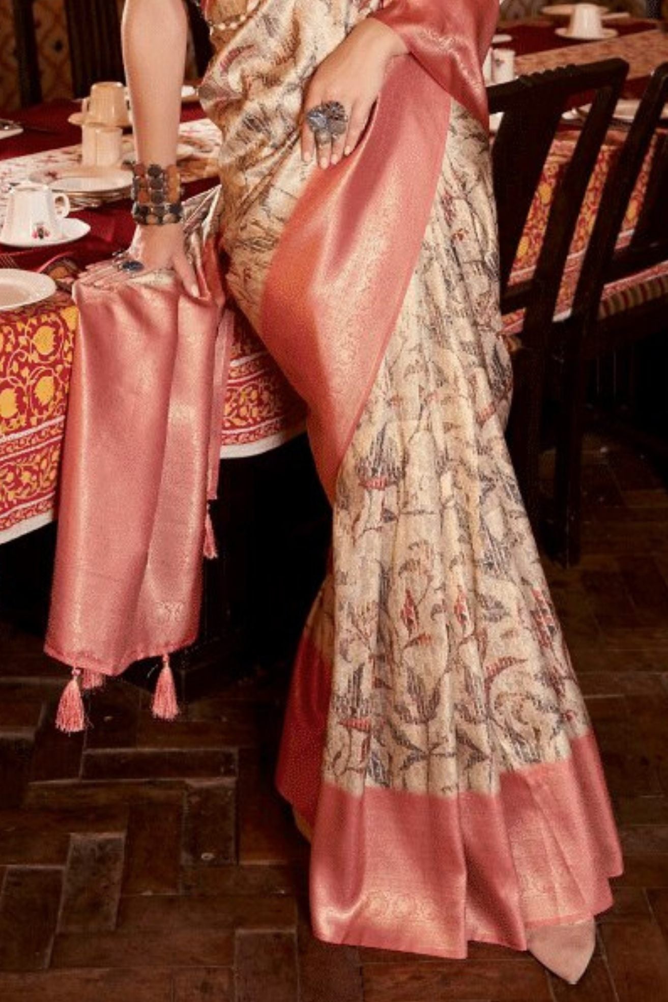 Copper Peach Banarasi Digital Printed Saree