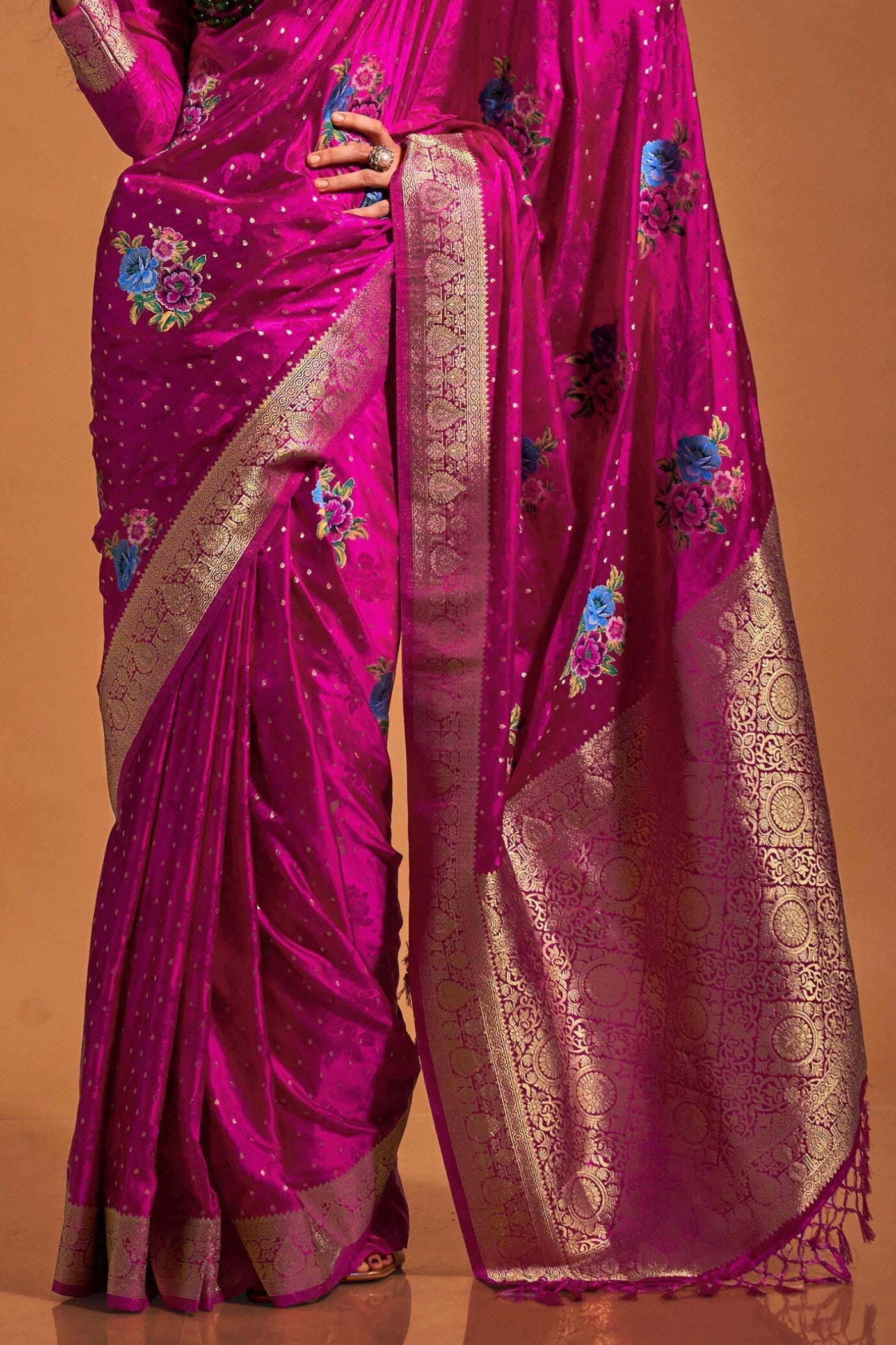 Cerise Pink Handloom Satin Silk Saree