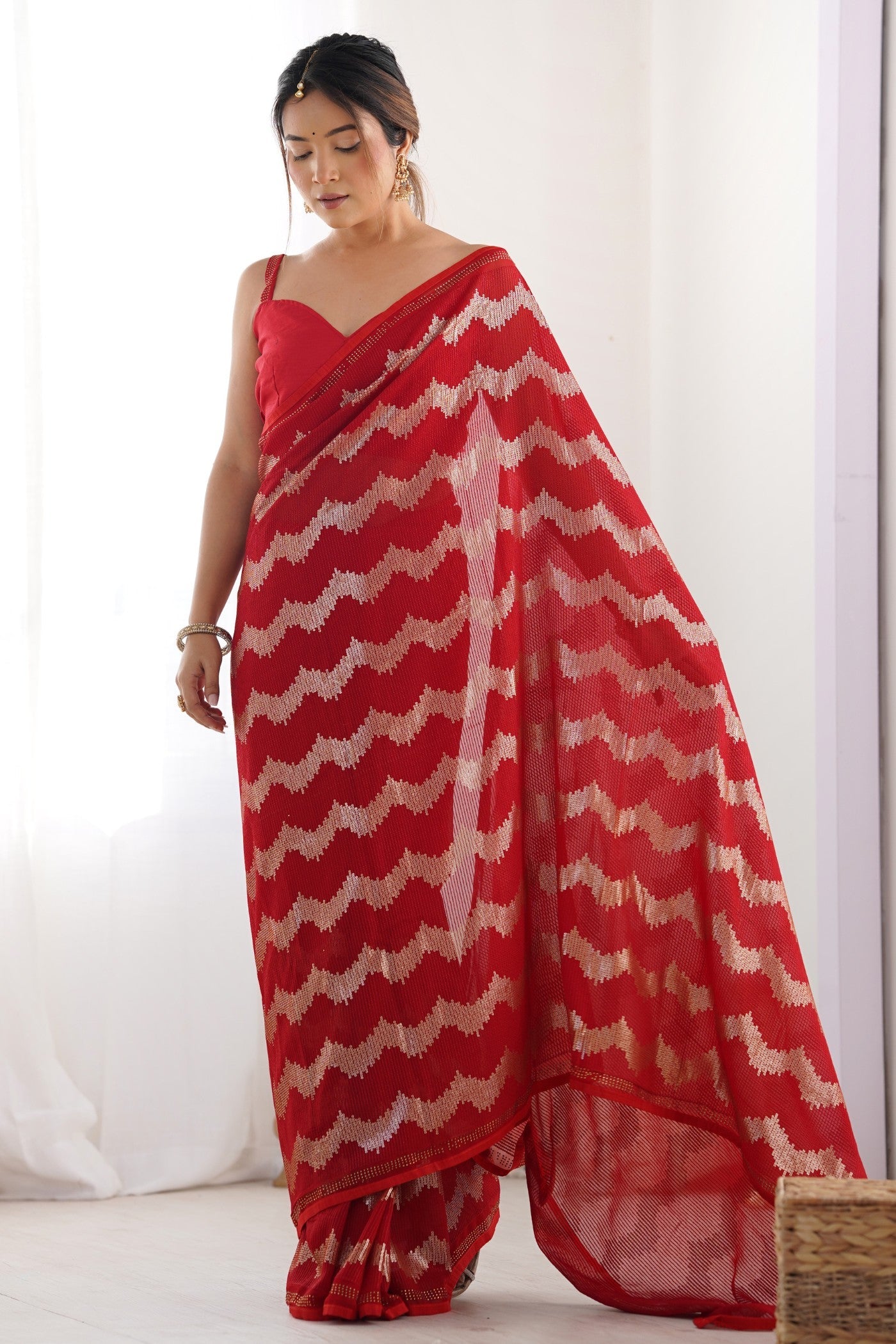 Rose Red Embroidered Partywear Saree