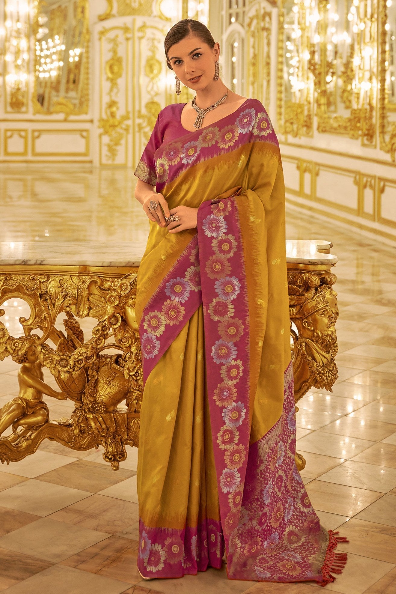 Koromiko Yellow Woven Banarasi Saree