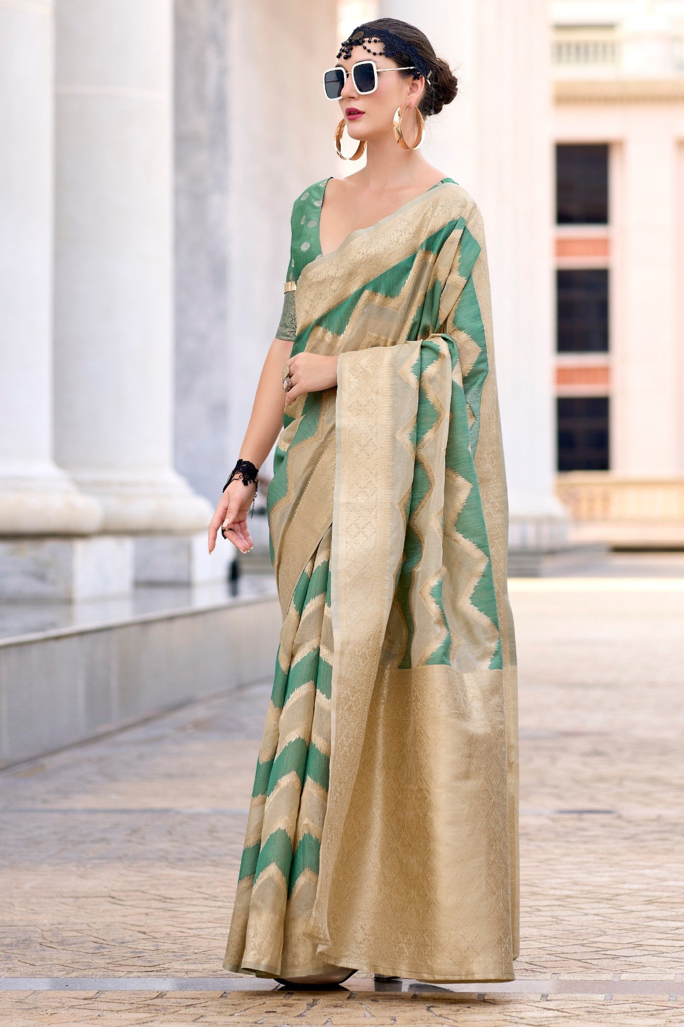 Cactus Green Woven Linen Cotton Saree