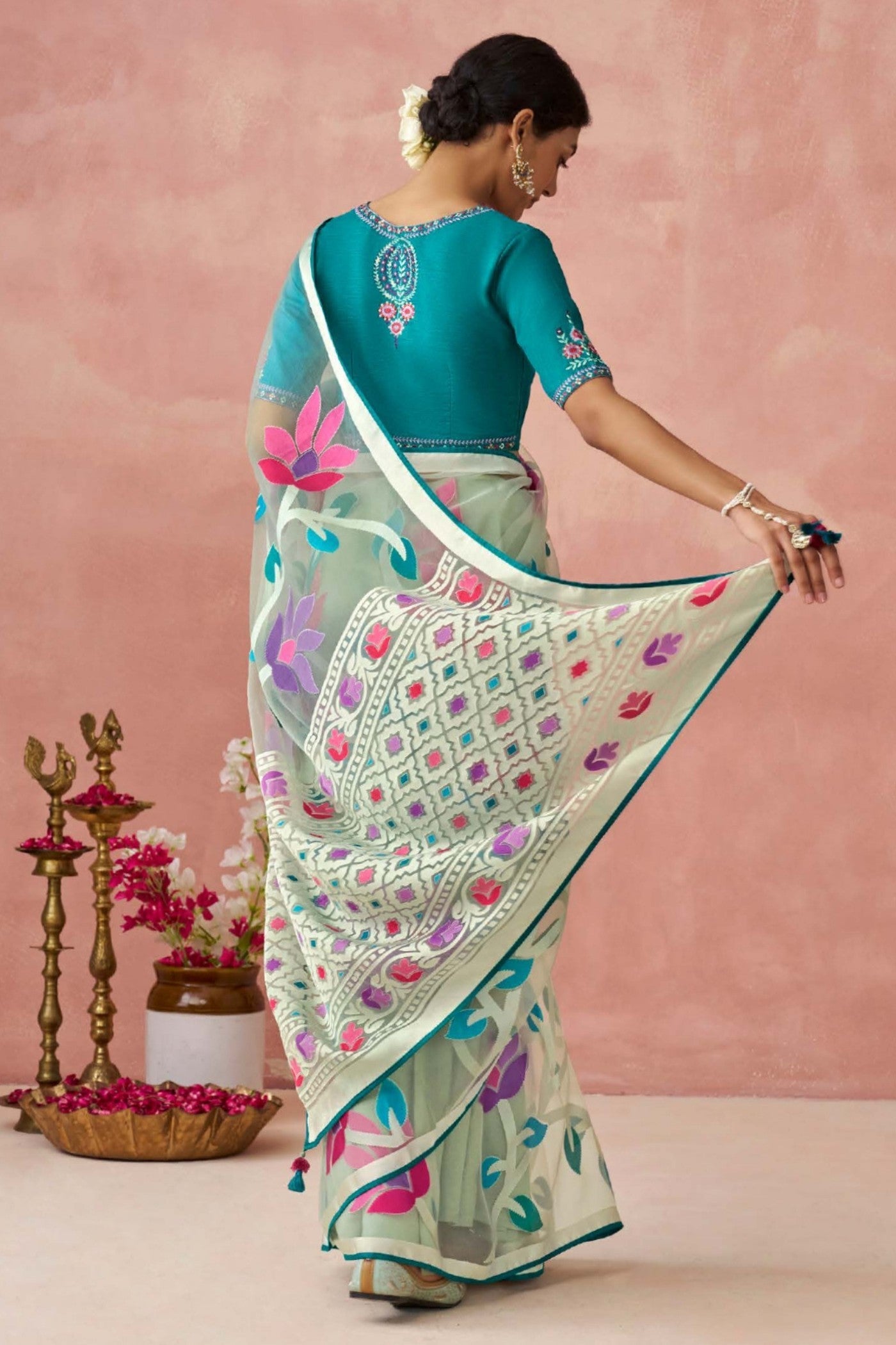 Elm Blue and White Brasso Organza Printed Saree