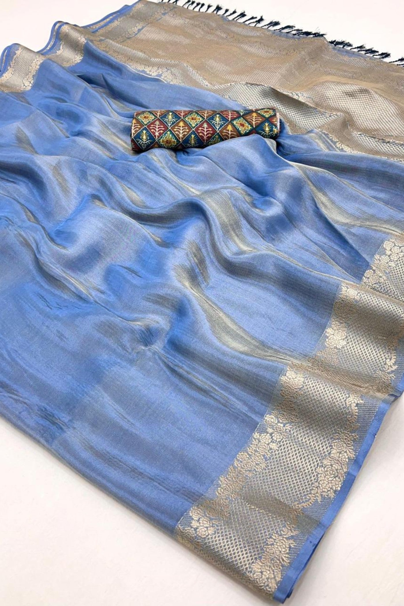 Blue Pearl Tissue Silk Saree