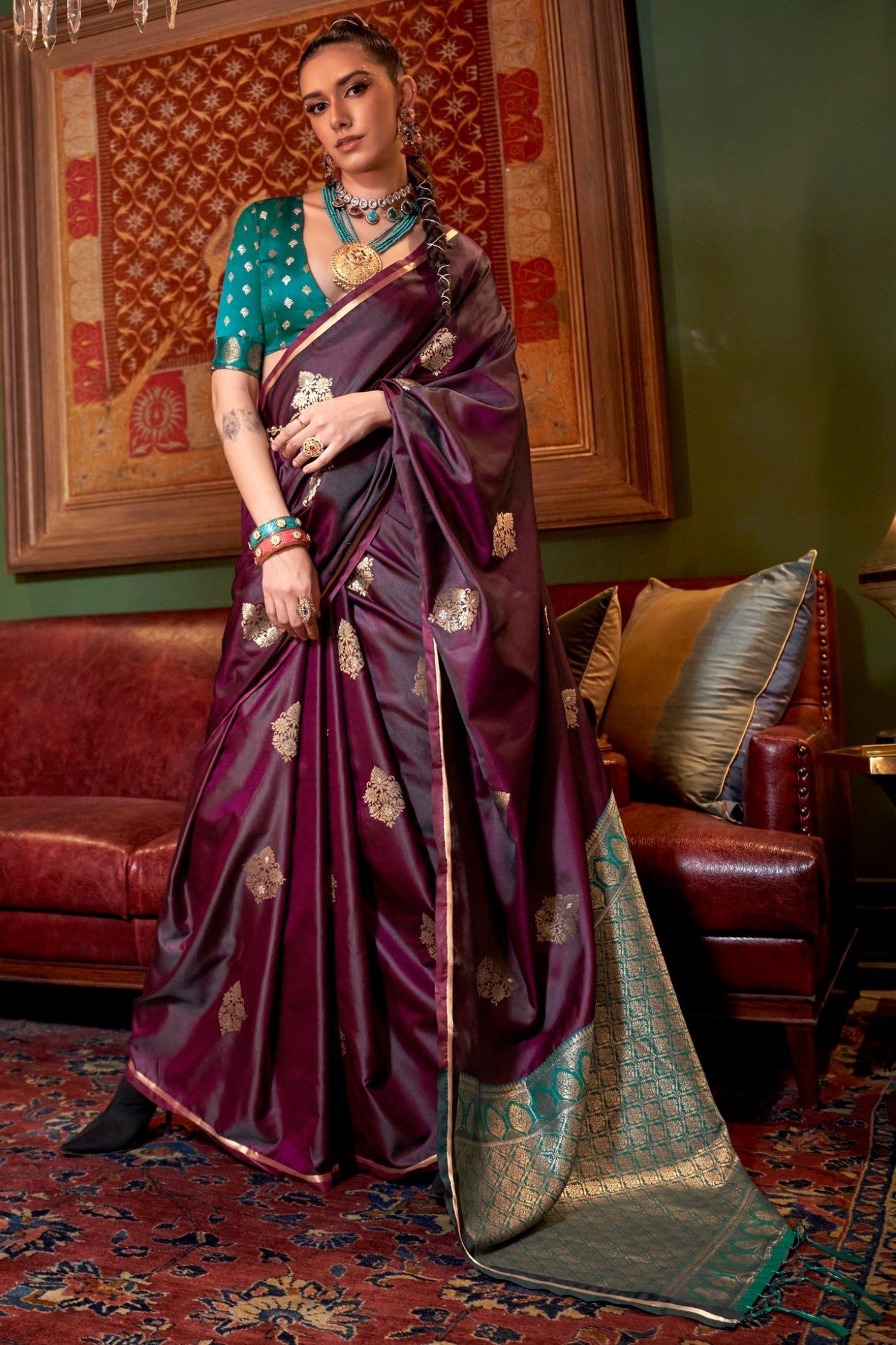 Brown Derby Banarasi Satin Saree