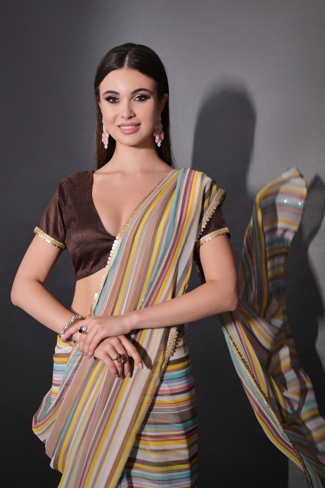 Teak Brown Georgette Lehriya Silk Saree