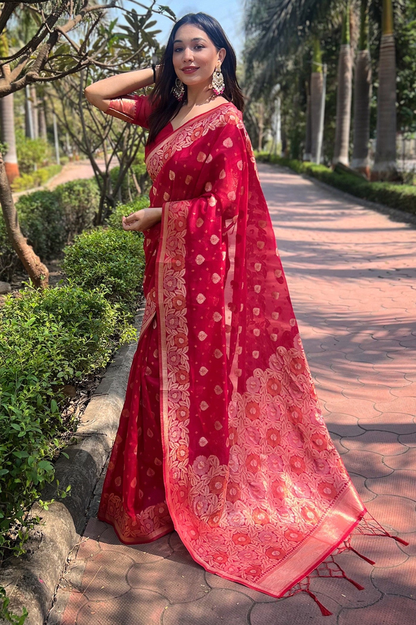 Rose Pearl Red Zari Woven Organza Saree