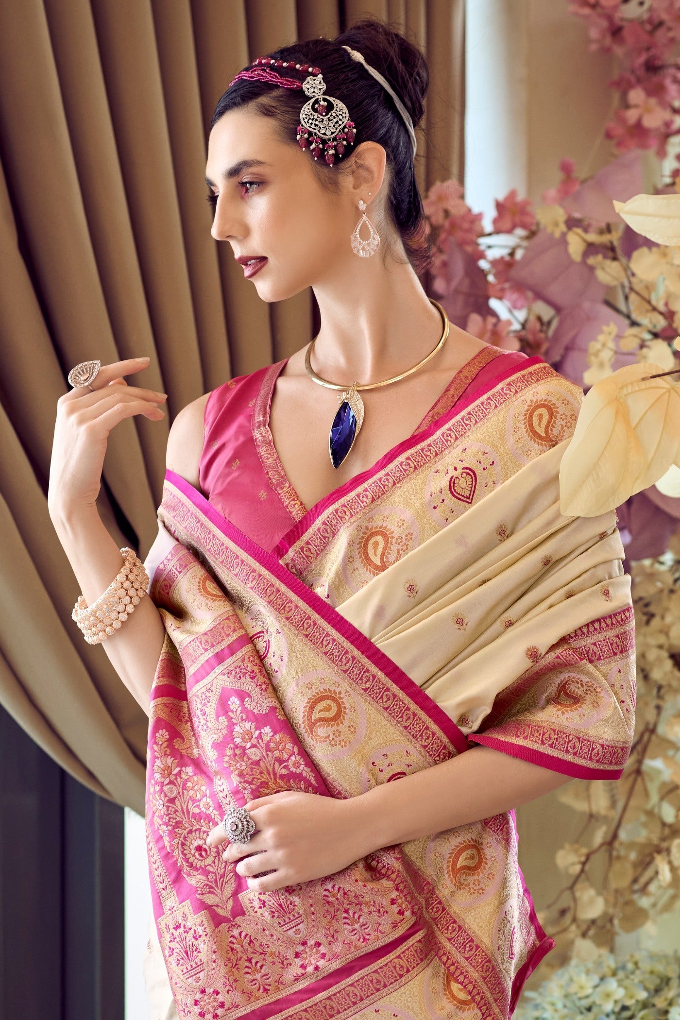 Brandy Cream Woven Banarasi Soft Silk Saree