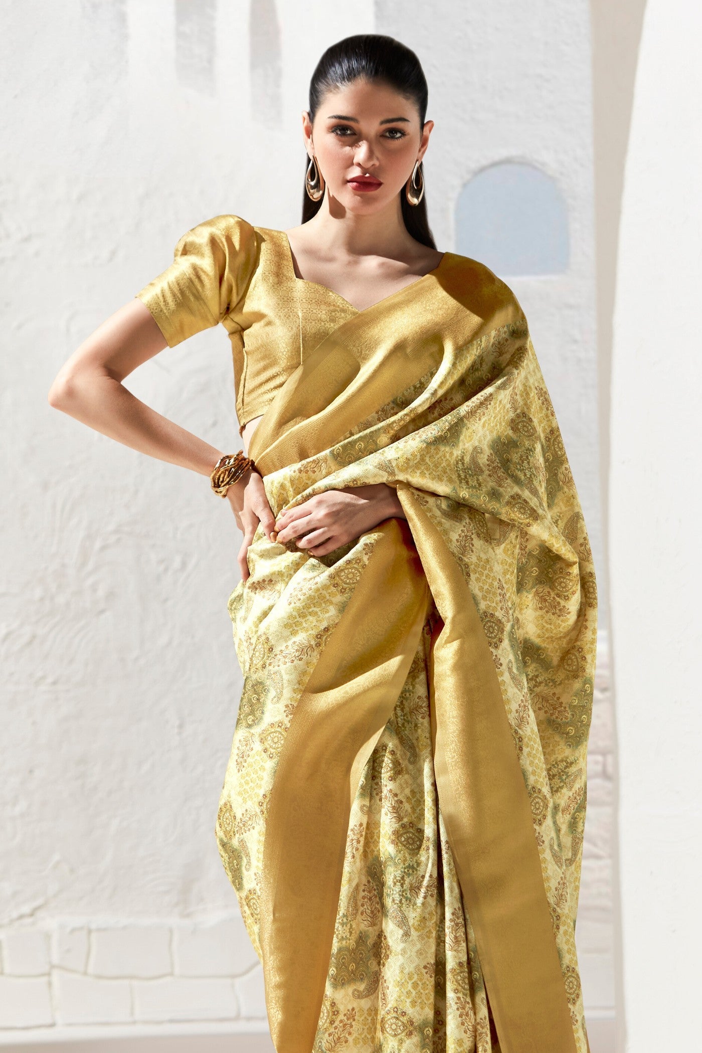 New Orleans Yellow Banarasi Digital Printed Saree