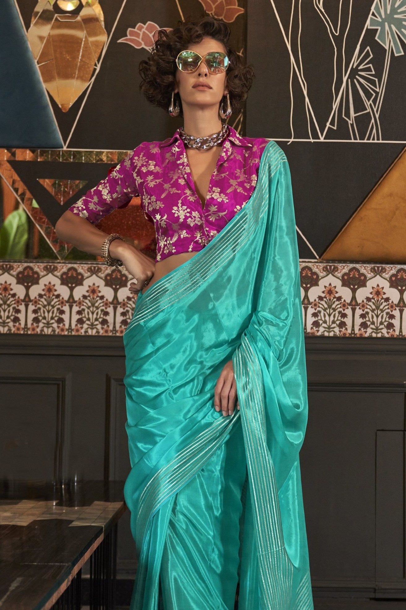 Elm Blue Viscose Satin Handloom Saree