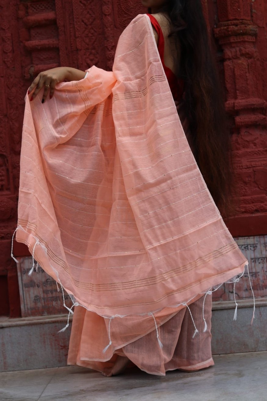 Apricot Peach Cotton Sequence Chumki Saree