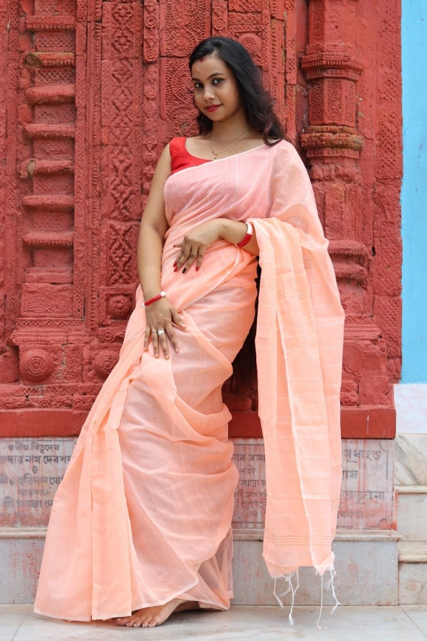 Apricot Peach Cotton Sequence Chumki Saree