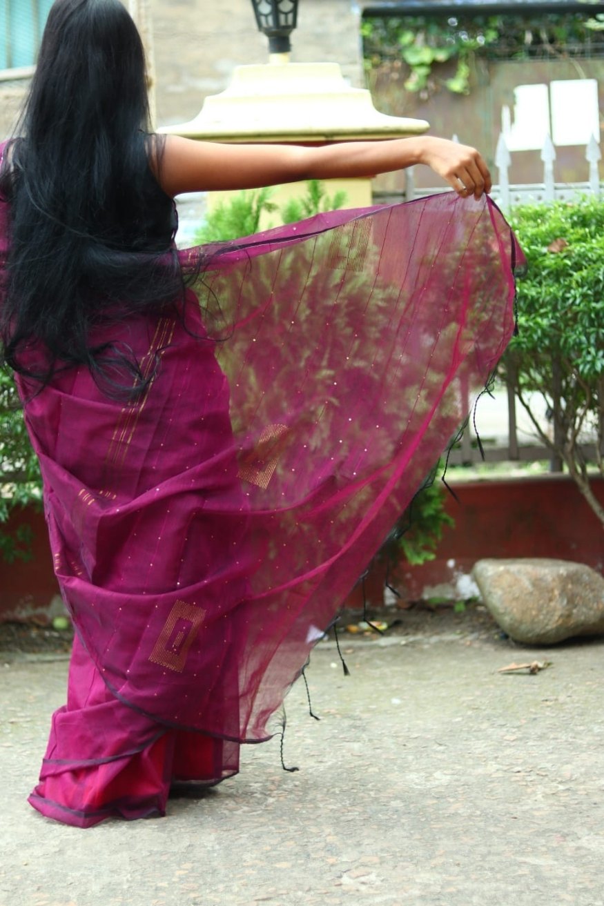 Berry Purple Cotton Sequence Chumki Saree