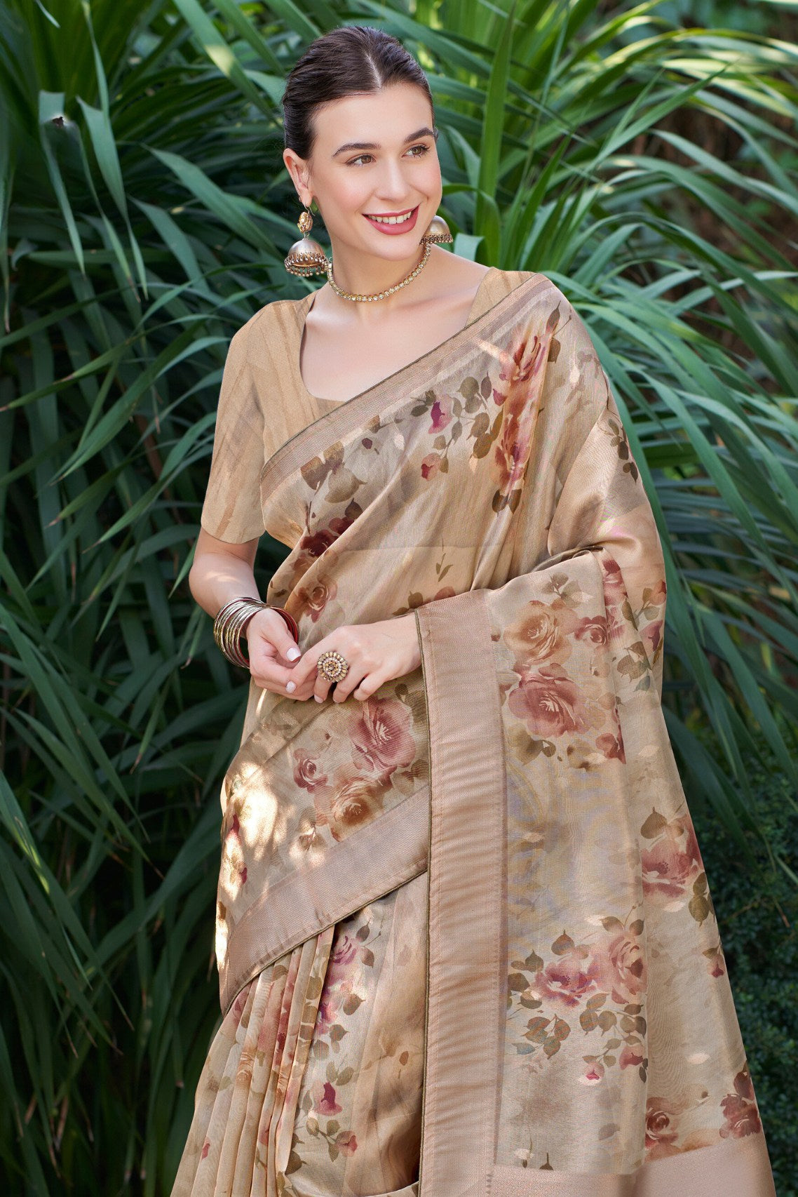 Rodeo Dust Brown Digital Printed Organza Saree