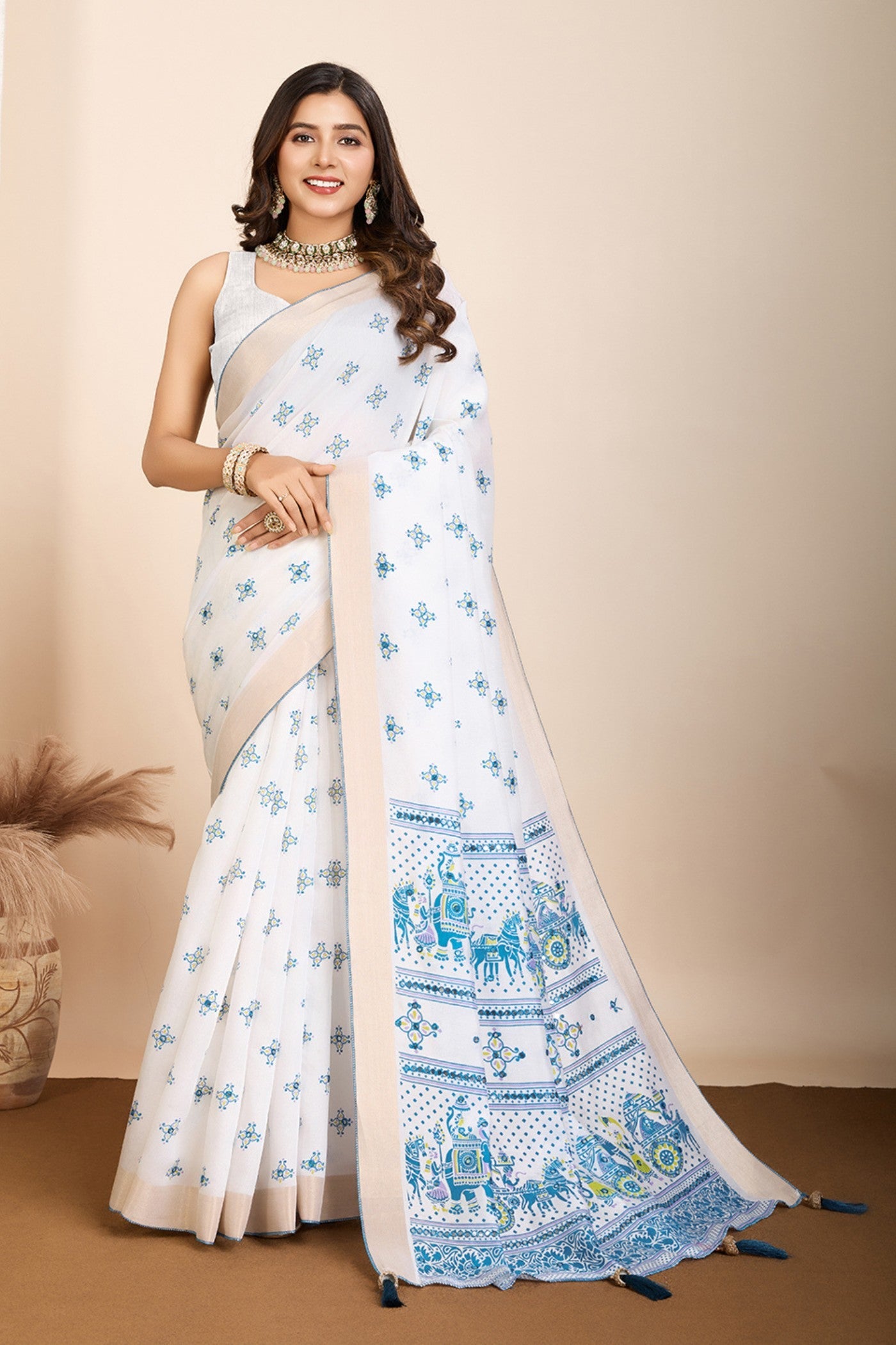 Frost White and Blue Printed Cotton Designer Saree