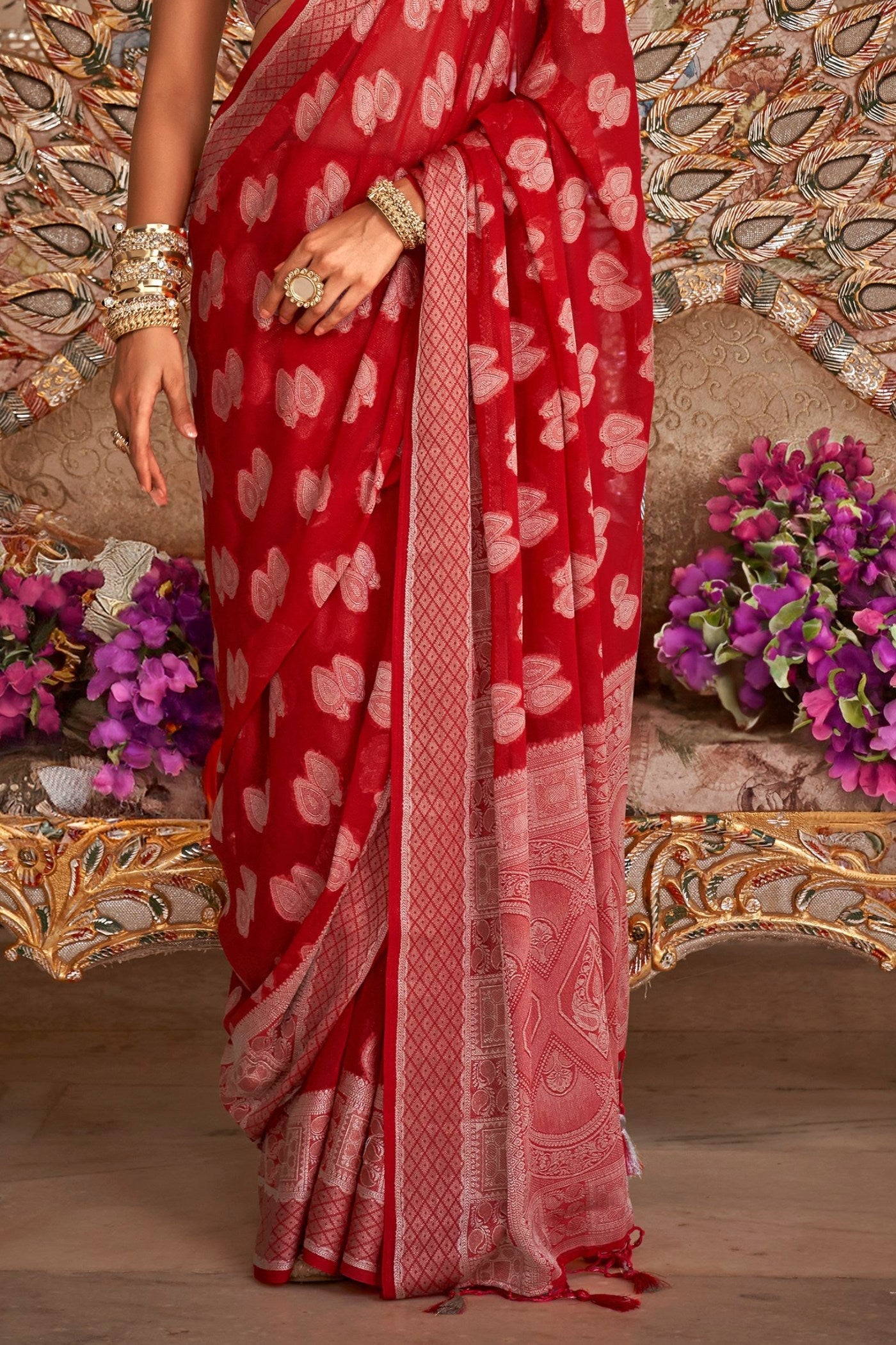 Chilli Red Zari Woven Georgette Saree