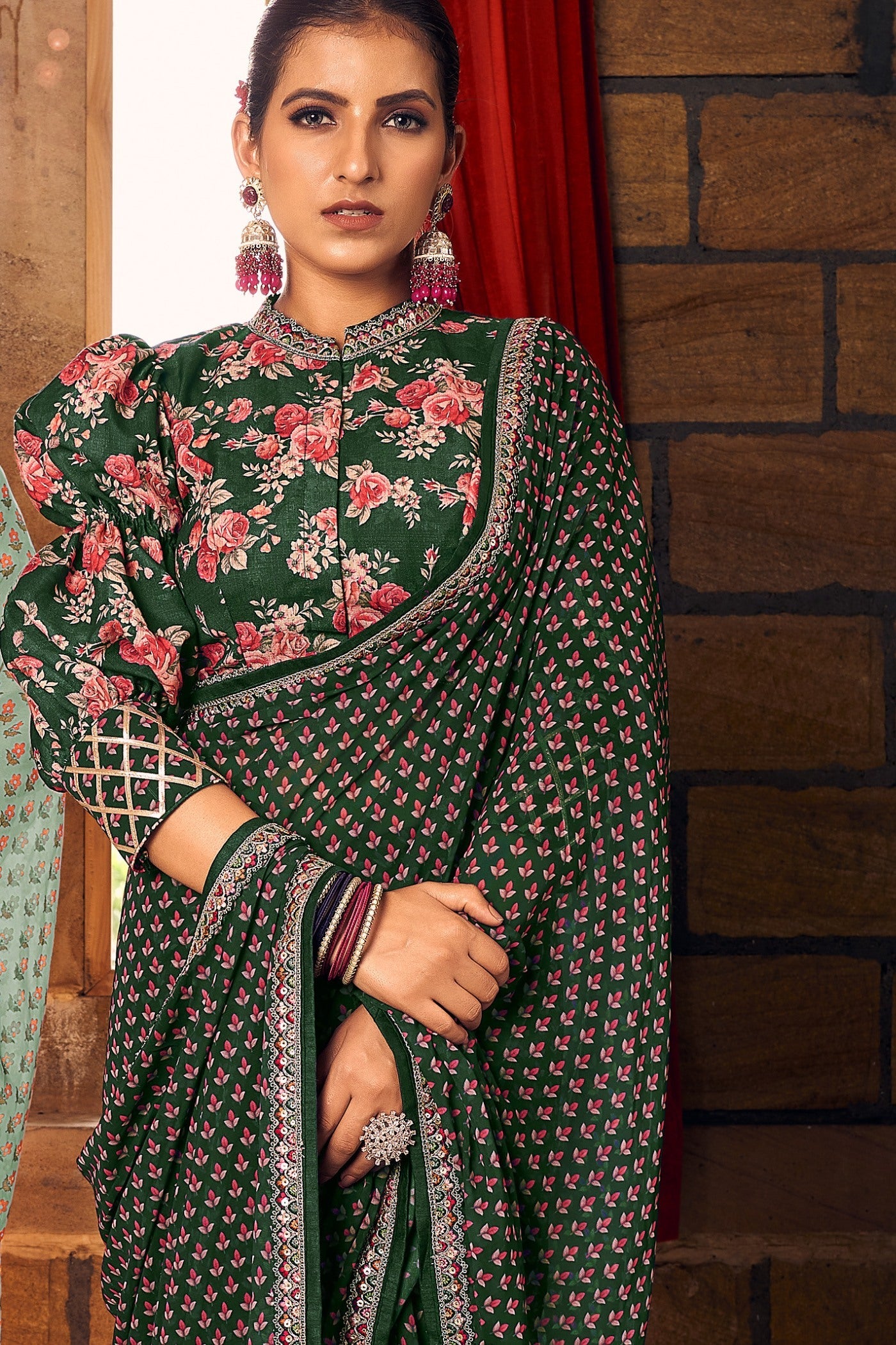 Dark Leaf Green Georgette Digital Printed Saree