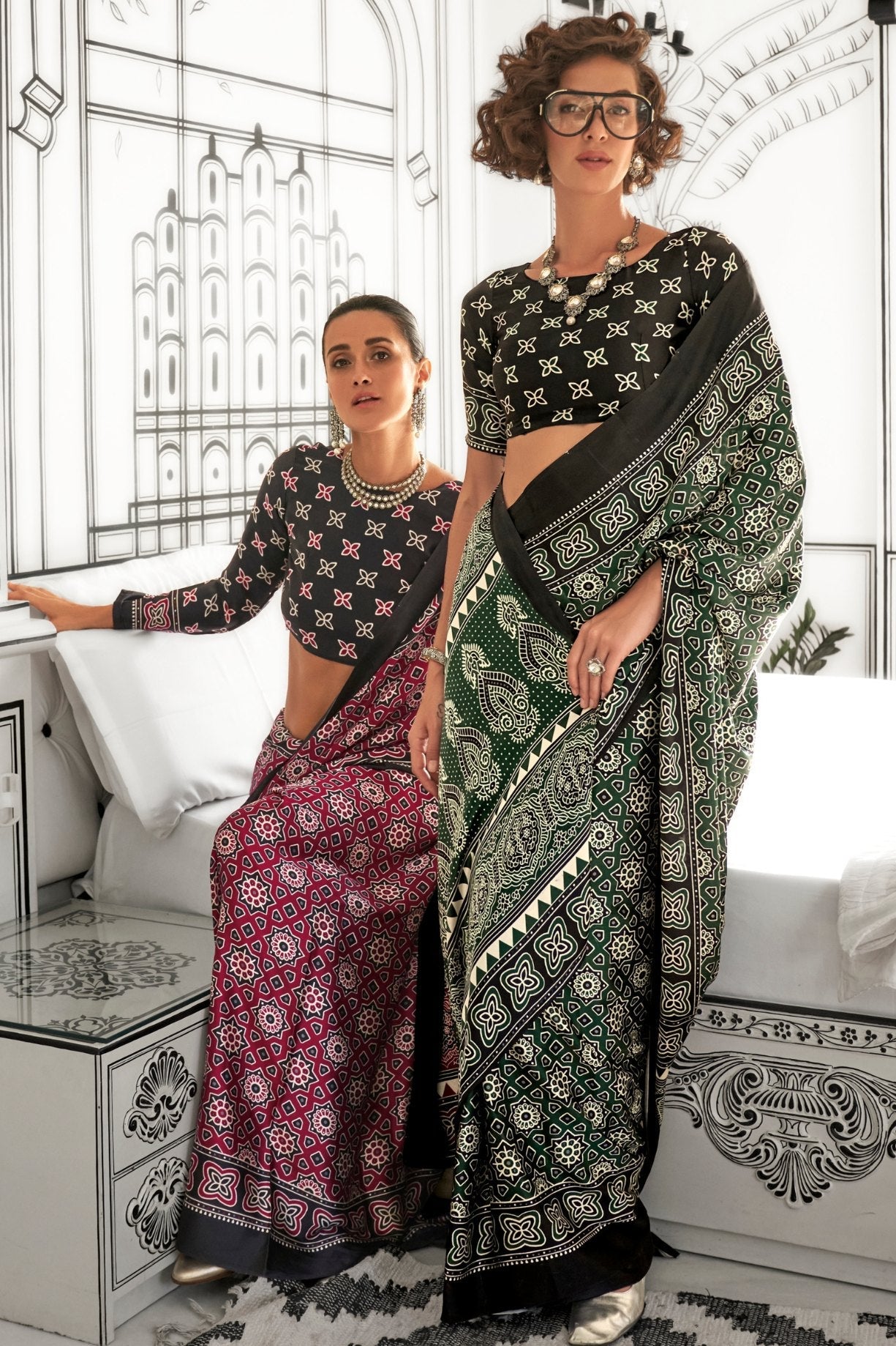 Lunar Green Printed Ajrakh Satin Crepe Saree