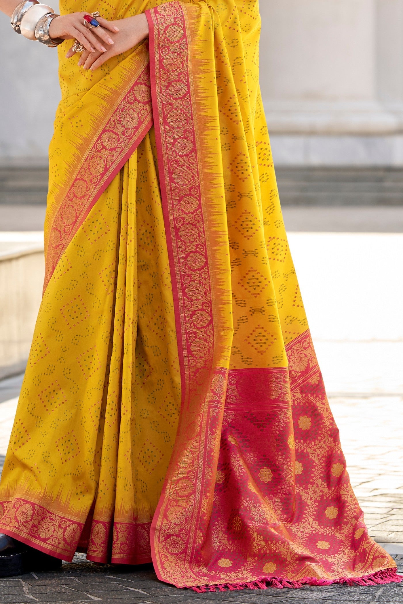 Fuel Yellow Woven Banarasi Bandhani Soft Silk Saree