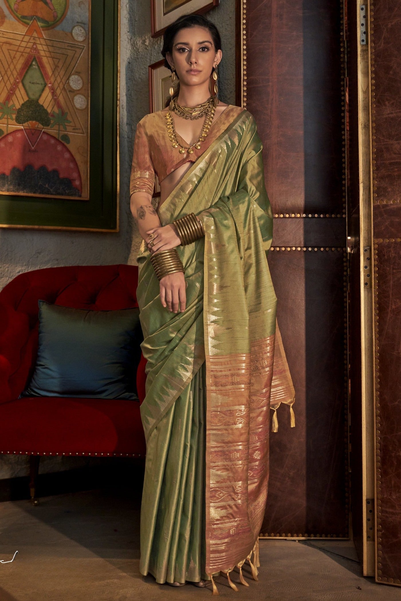 Mineral Green Woven Linen Saree