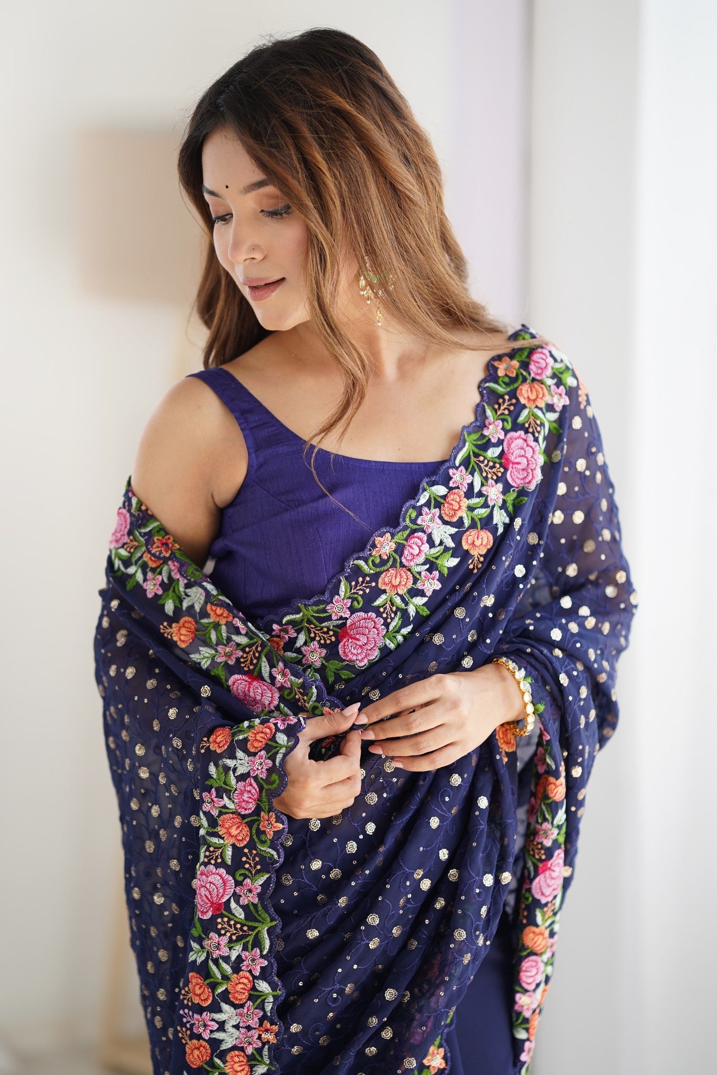 Navy Blue Embroidered Georgette Saree