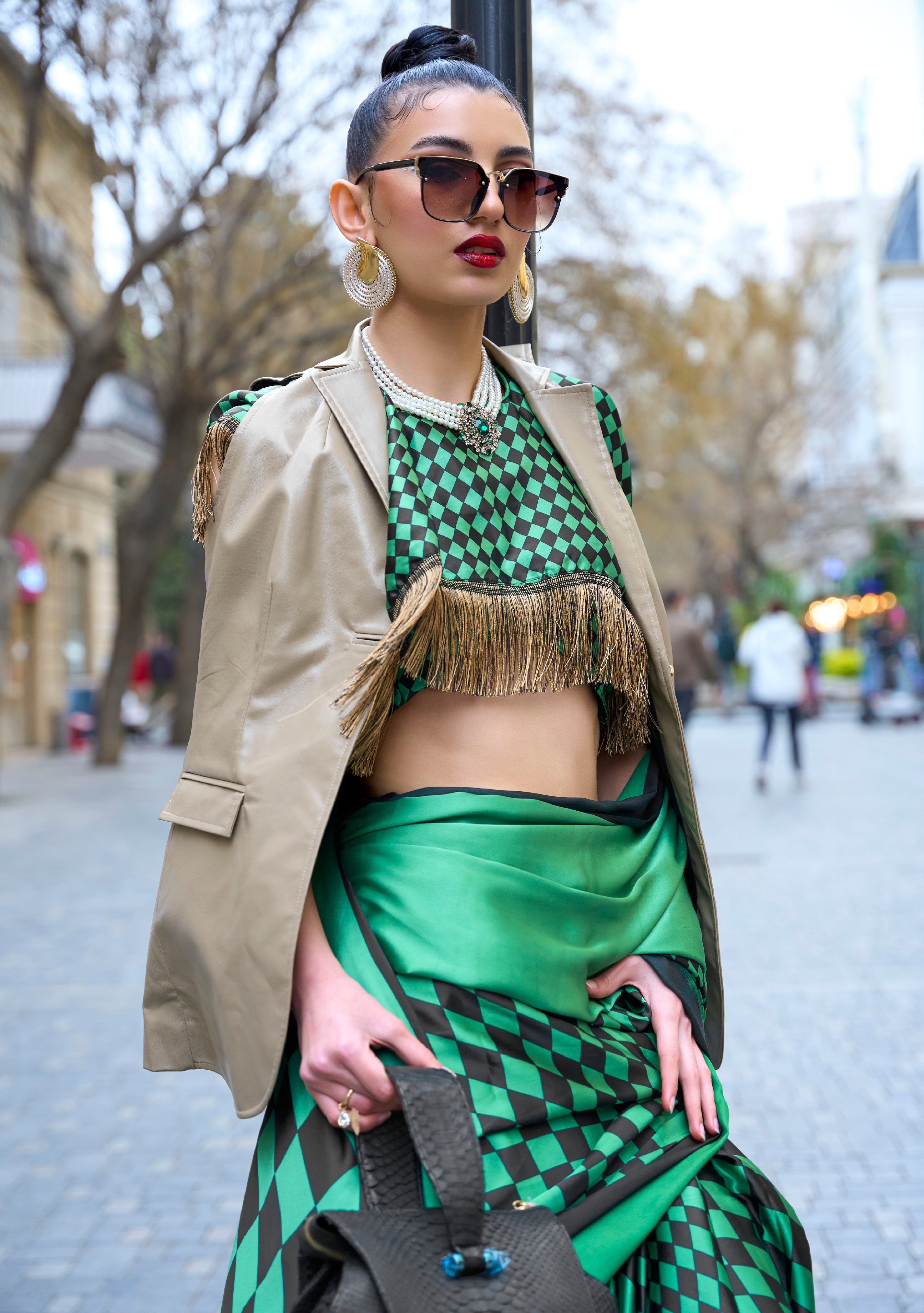 Tropical Rain Forest Green Printed Satin Silk Saree