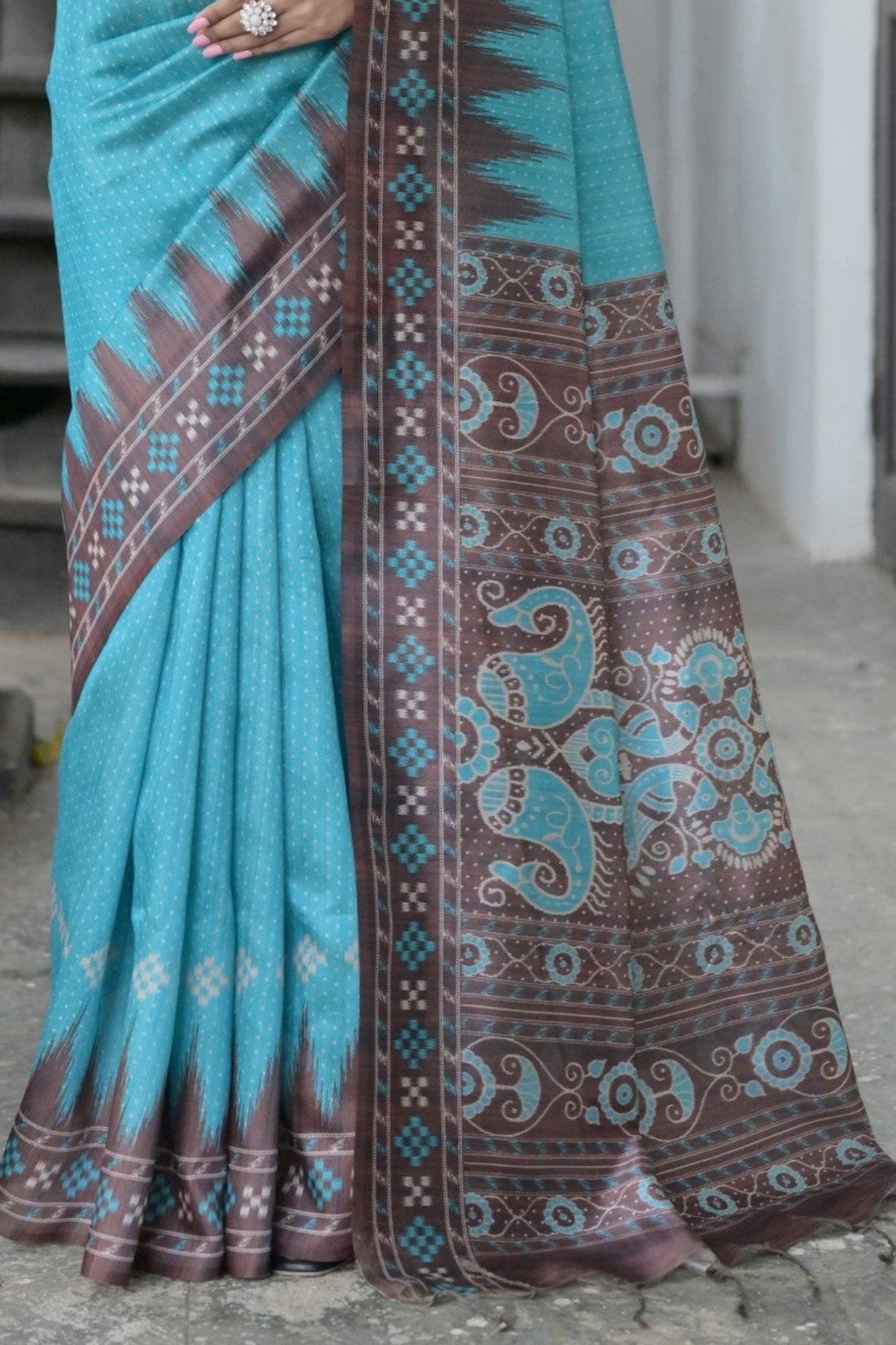 Tradewind Blue and Brown Printed Tussar Silk Saree