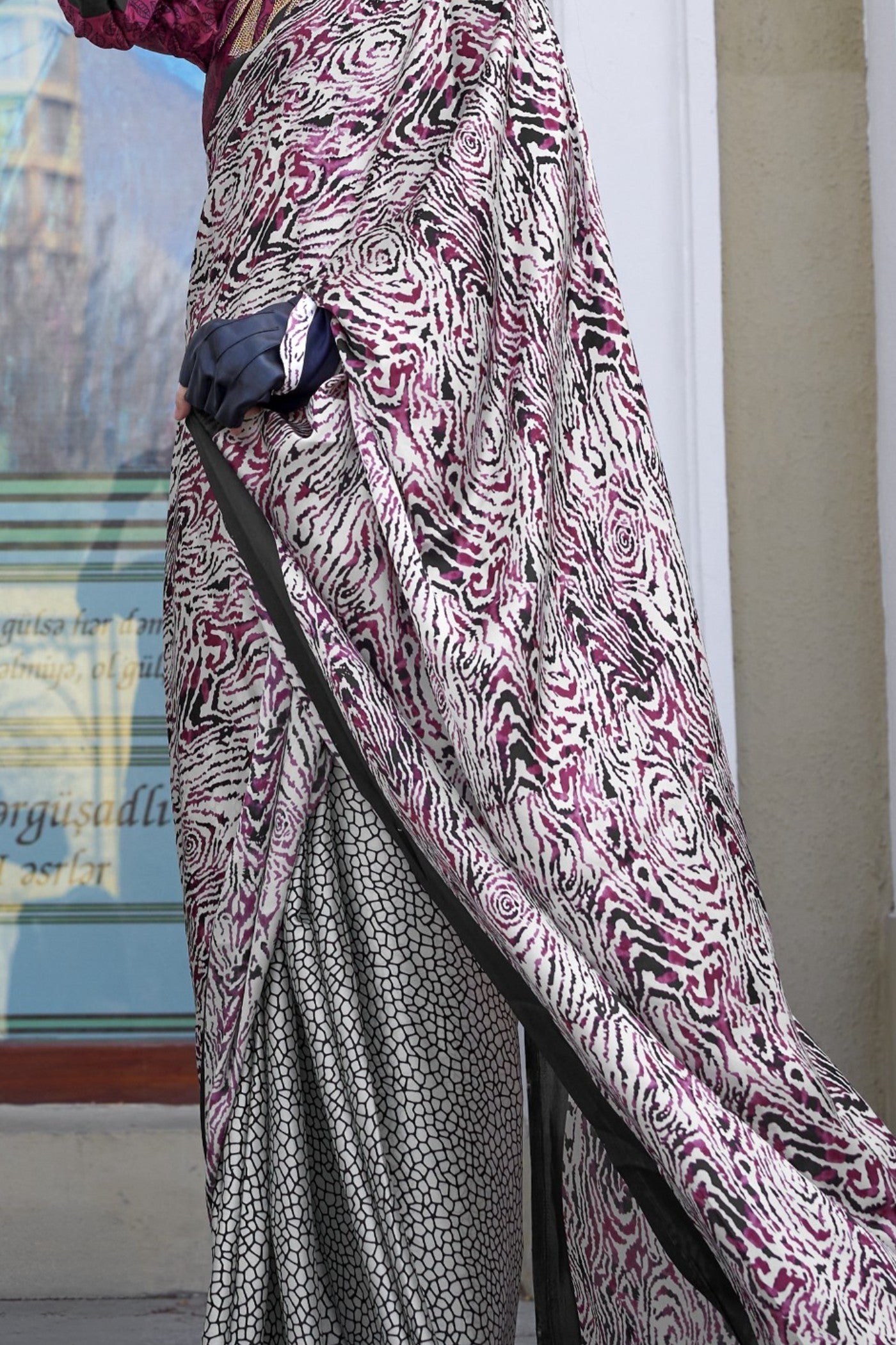 Graphite Grey Printed Satin Crepe Silk Saree