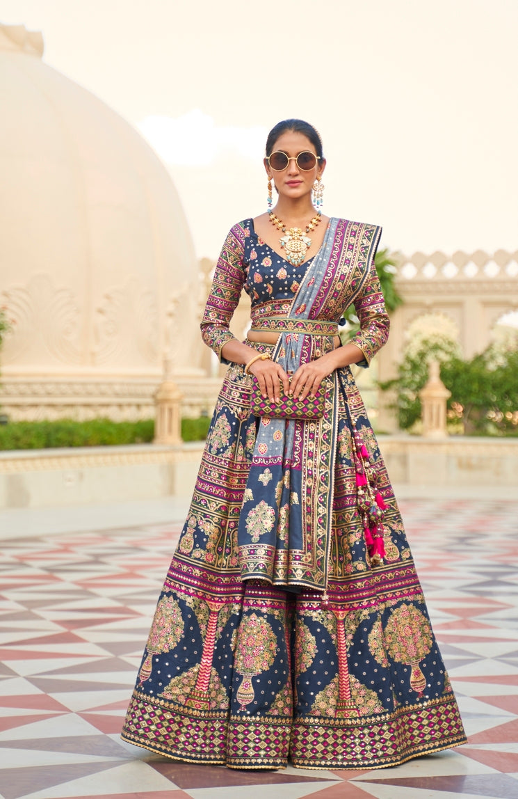 Martinique Blue Woven Lehenga Choli With Heavy Embroidery Work