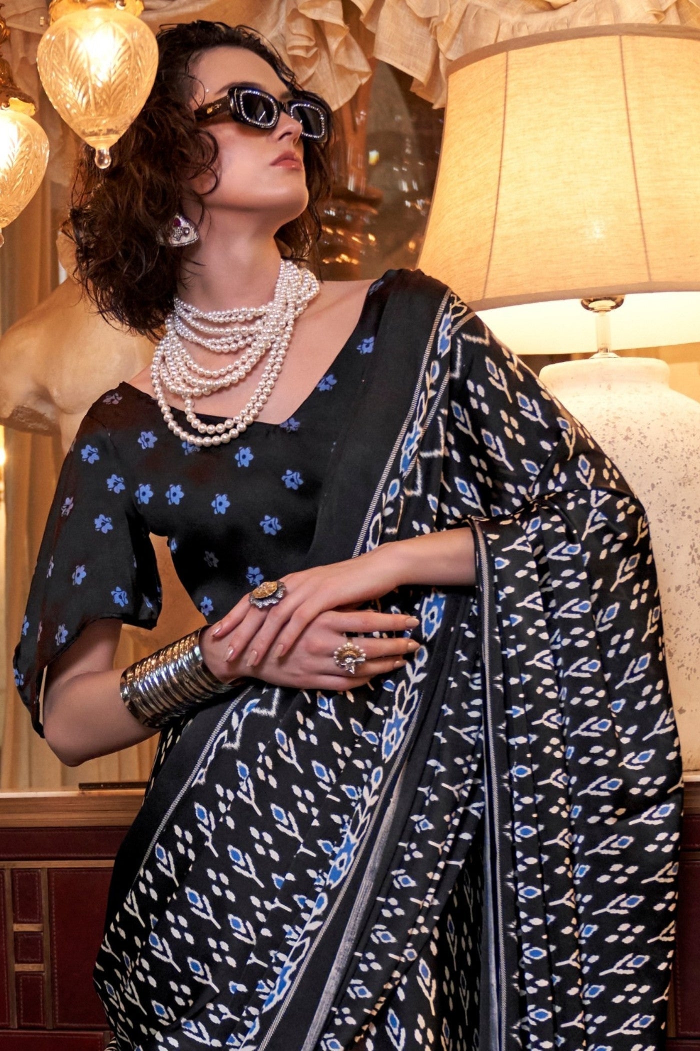 Spider Black Patola Printed Satin Crepe Saree