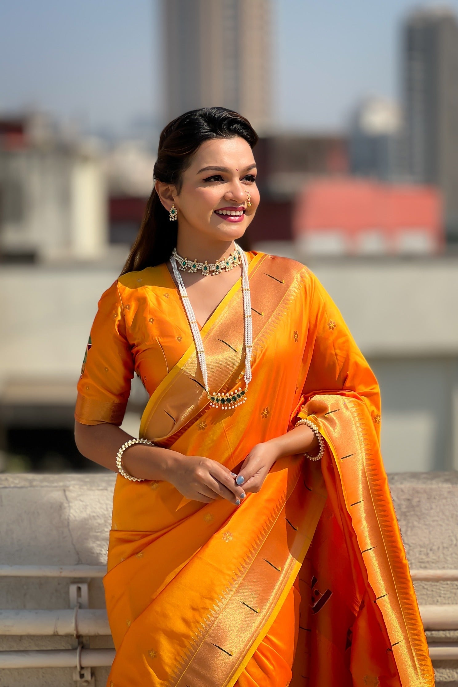 Neon Orange Woven Paithani Saree