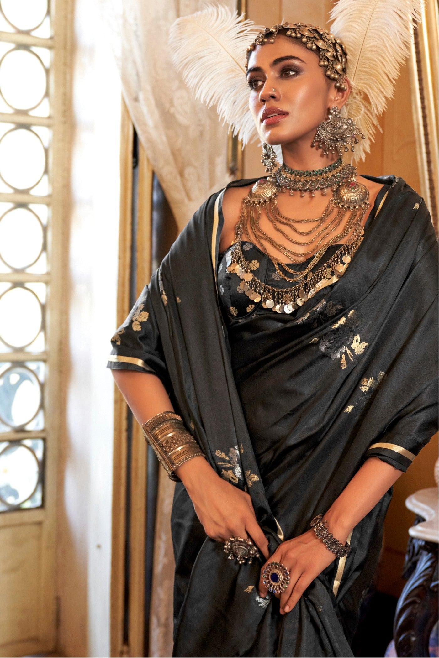 Grease Black Banarasi Satin Saree