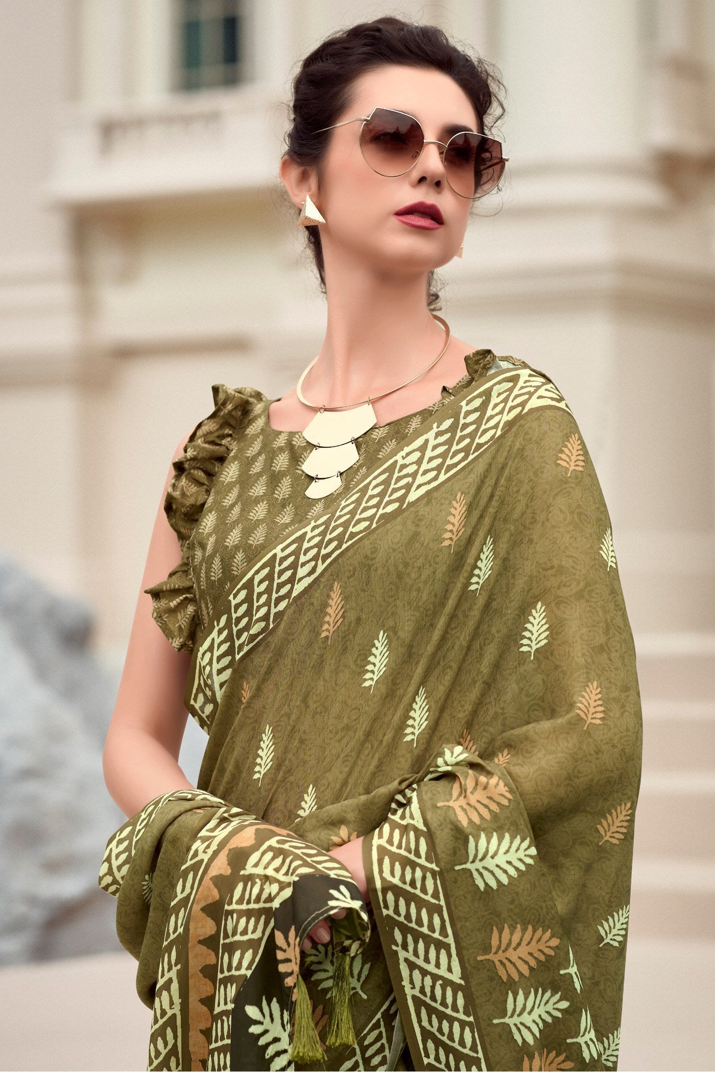 Misty Moss Green Mul Mul Cotton Saree