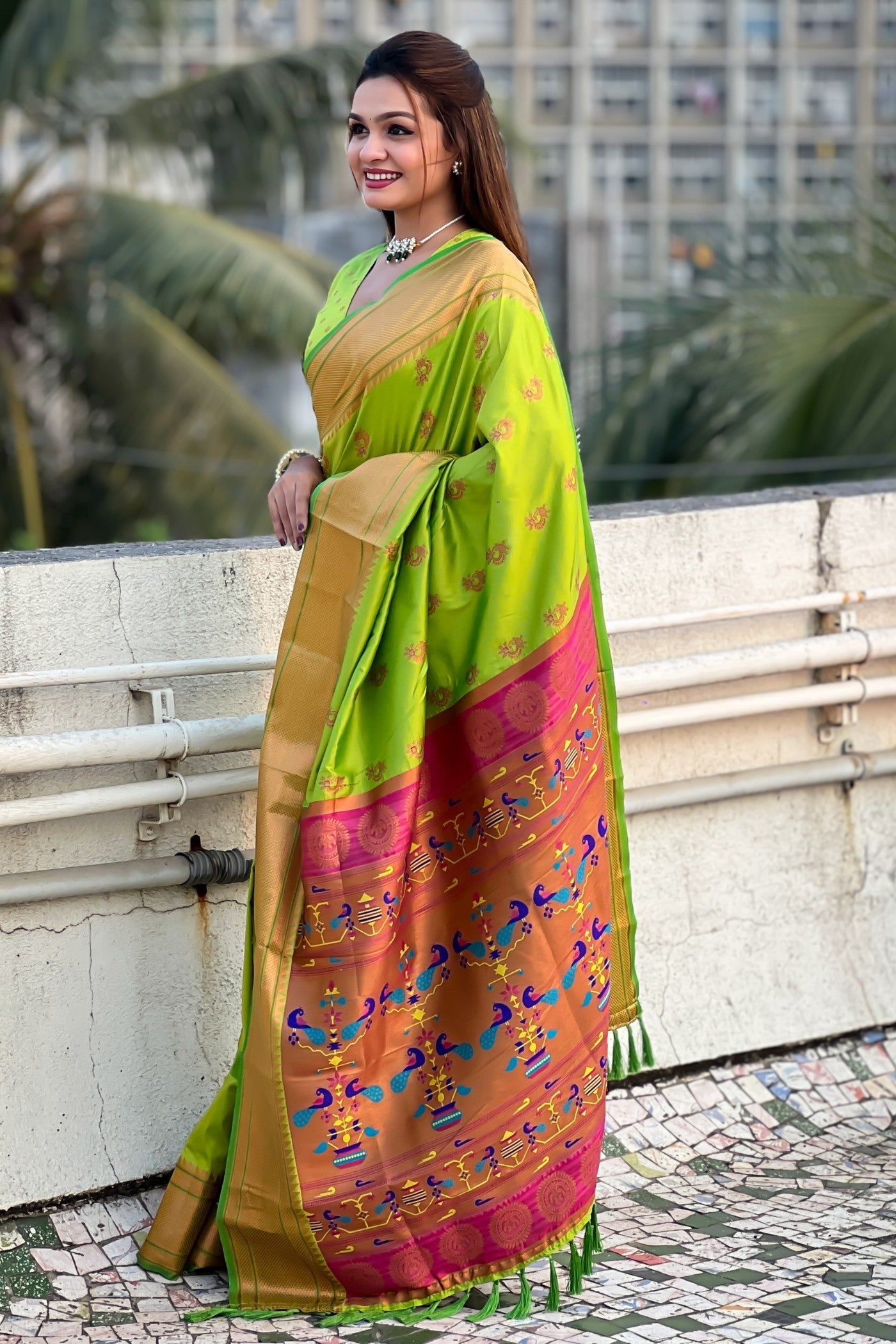 Parrot Green Zari Woven Nath Paithani Saree